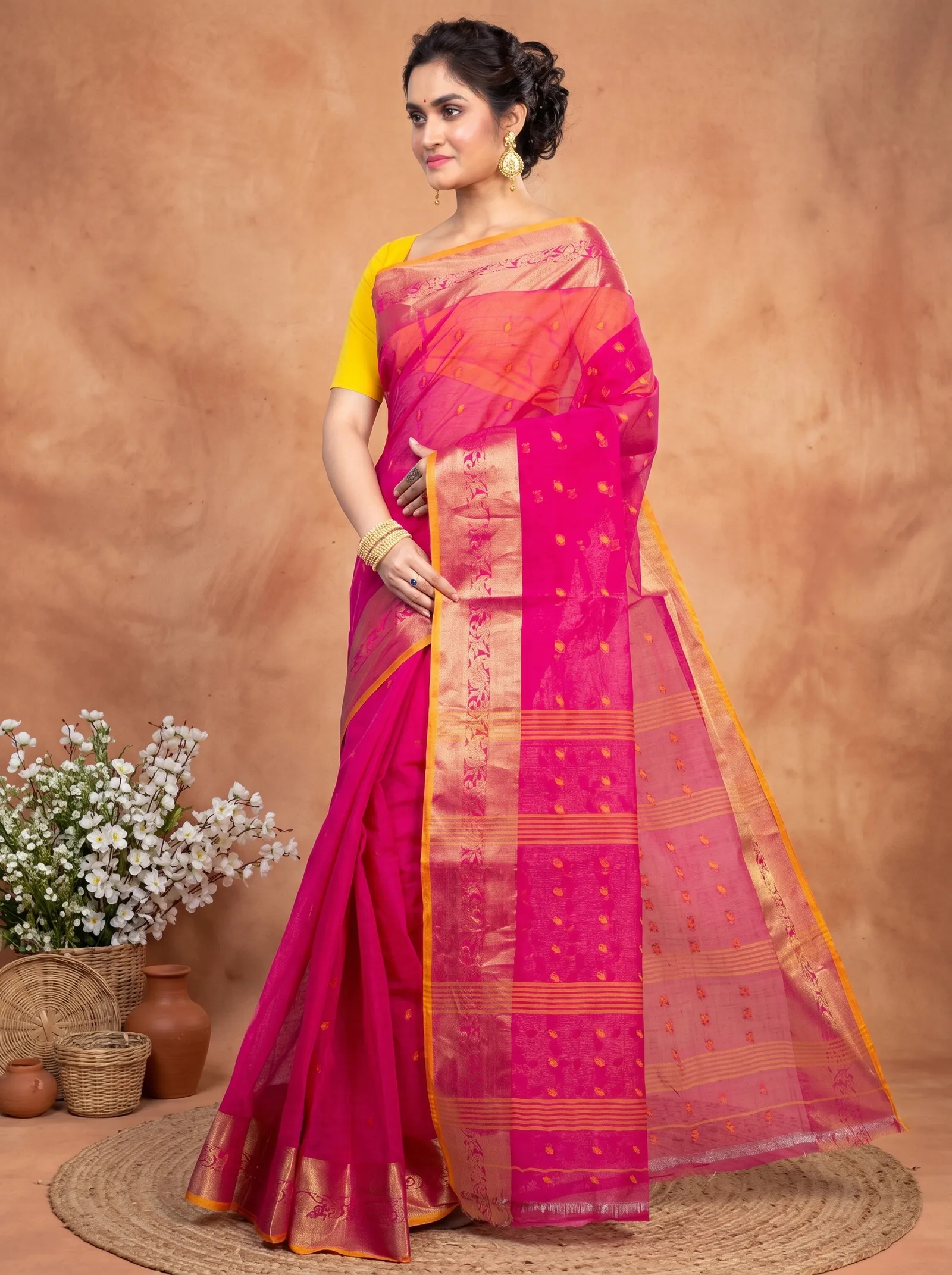 DipDiya Pure Cotton  Artisan Crafted Pink Traditional Bengali Churi Par Tant Saree