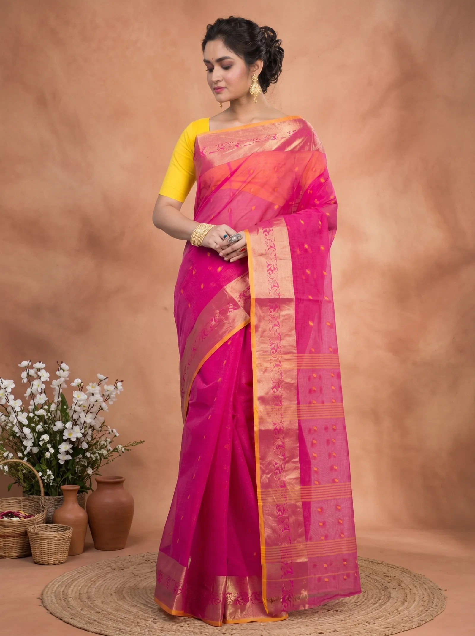 DipDiya Pure Cotton  Artisan Crafted Pink Traditional Bengali Churi Par Tant Saree