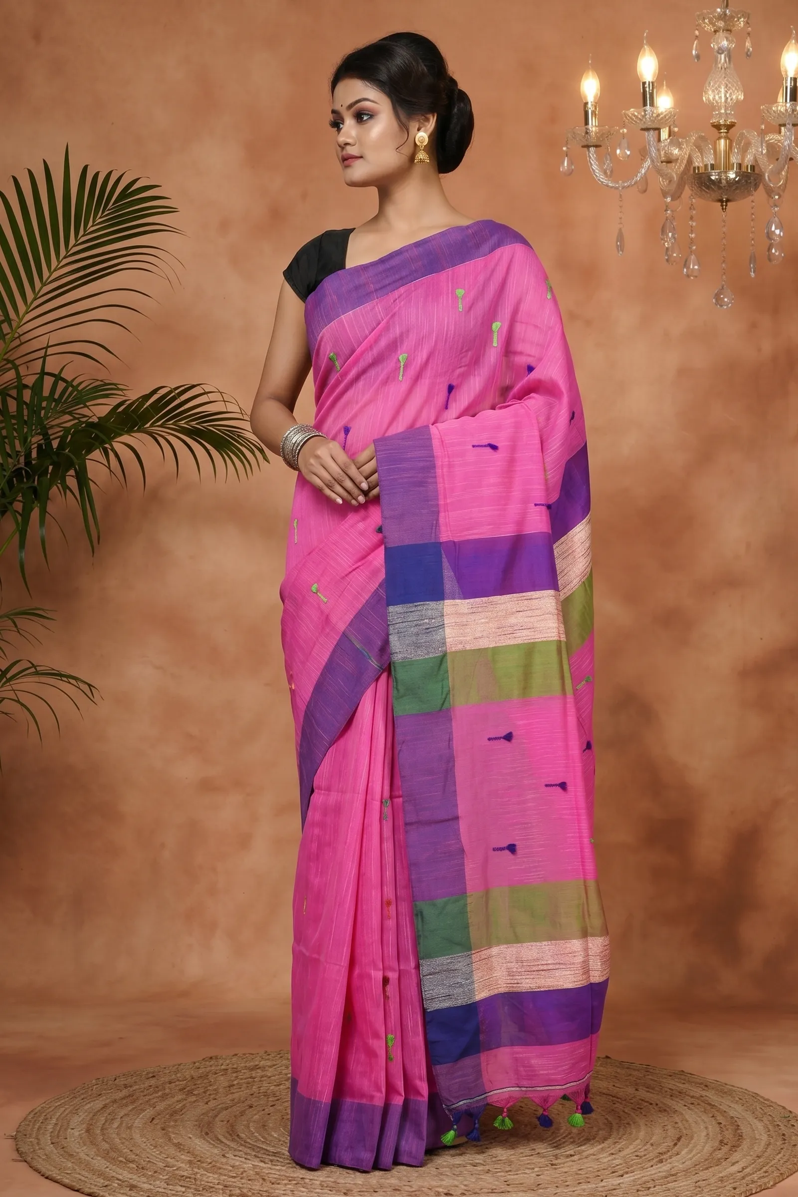 DipDiya Pure Cotton  Artisan Crafted Pink Traditional Bengali Clacial Desigined Handloom Saree