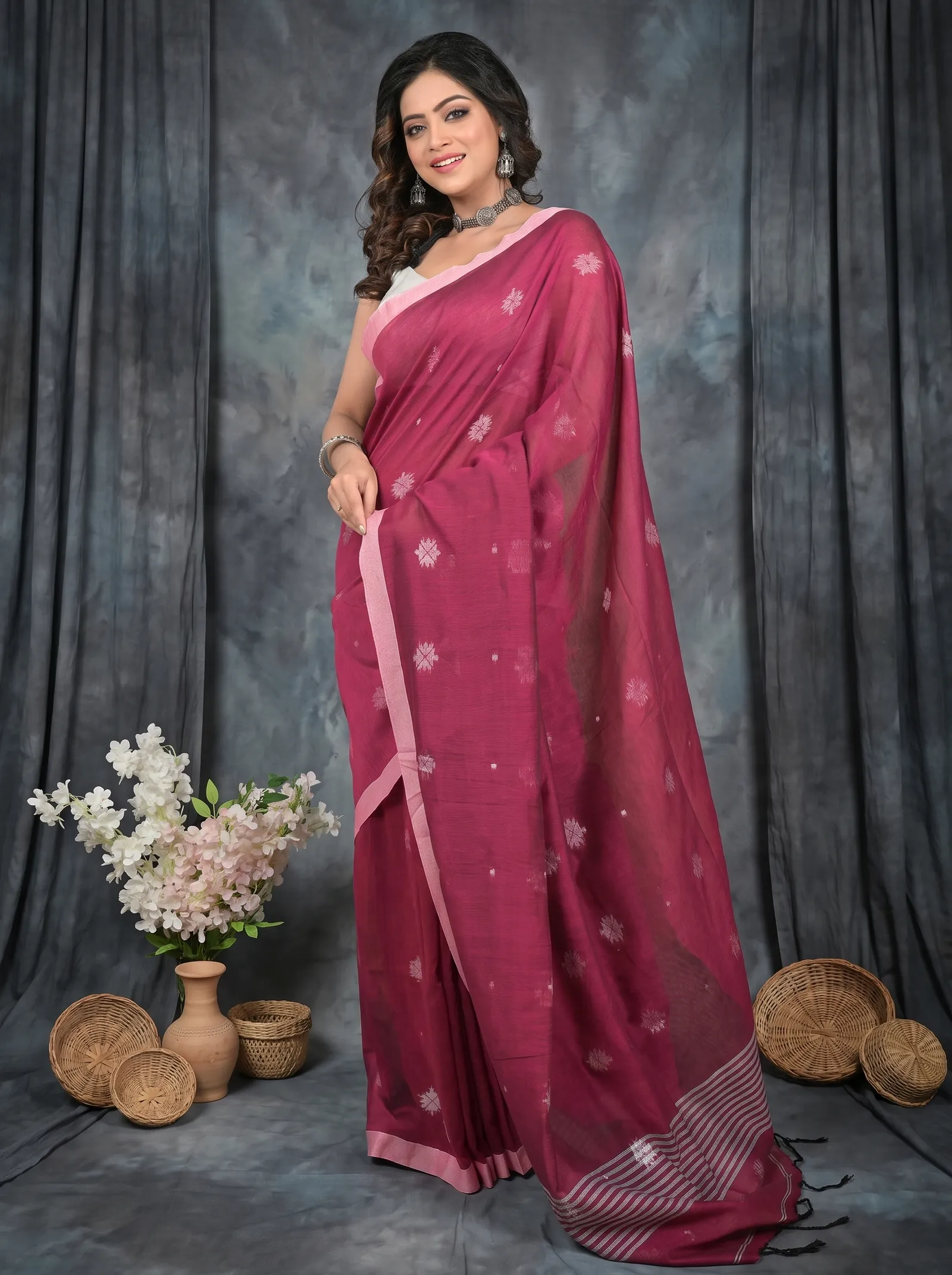DipDiya Pure Cotton  Artisan Crafted Purpel Traditional Bengali Achbu Handloom Saree