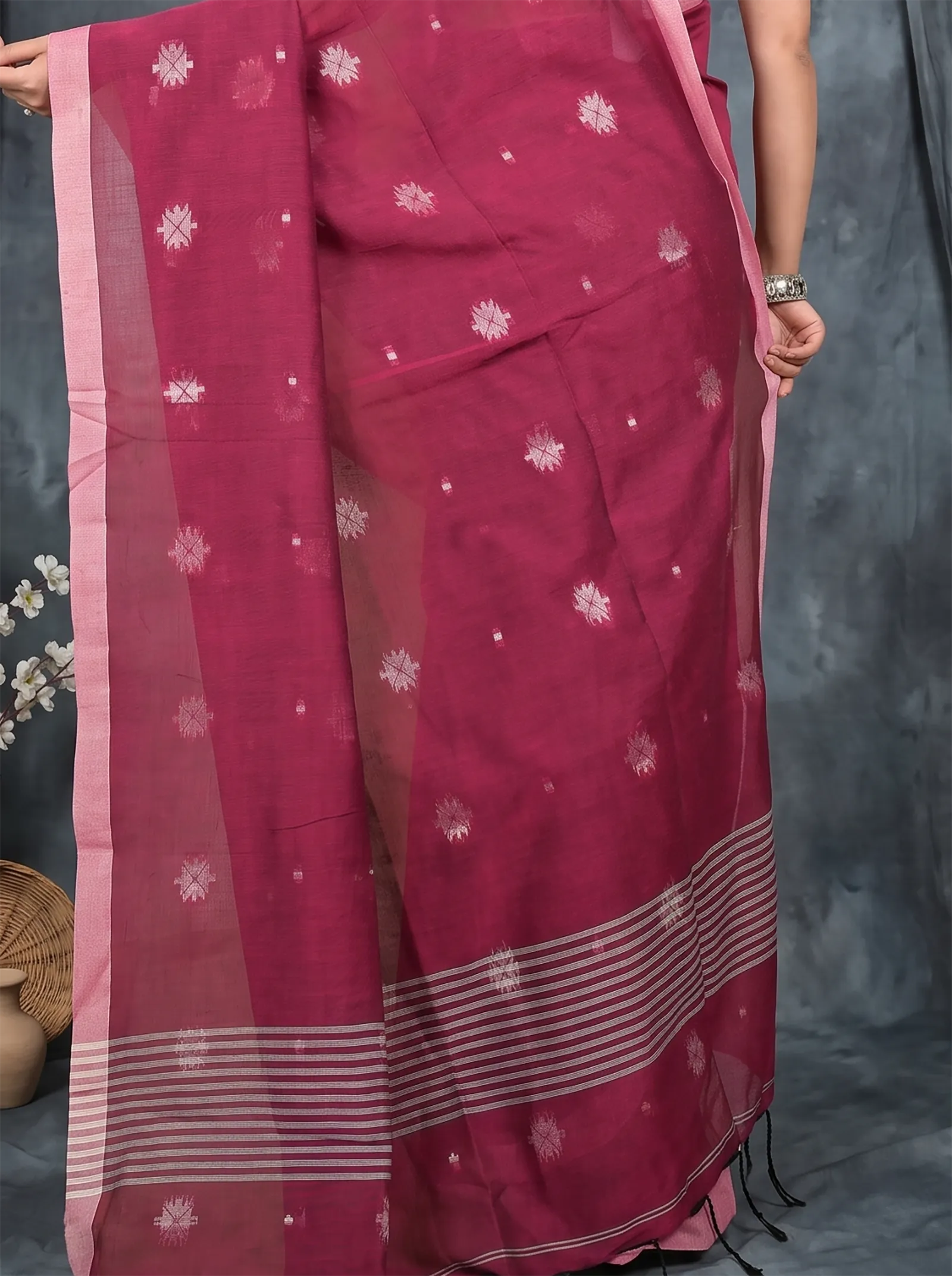 DipDiya Pure Cotton  Artisan Crafted Purpel Traditional Bengali Achbu Handloom Saree