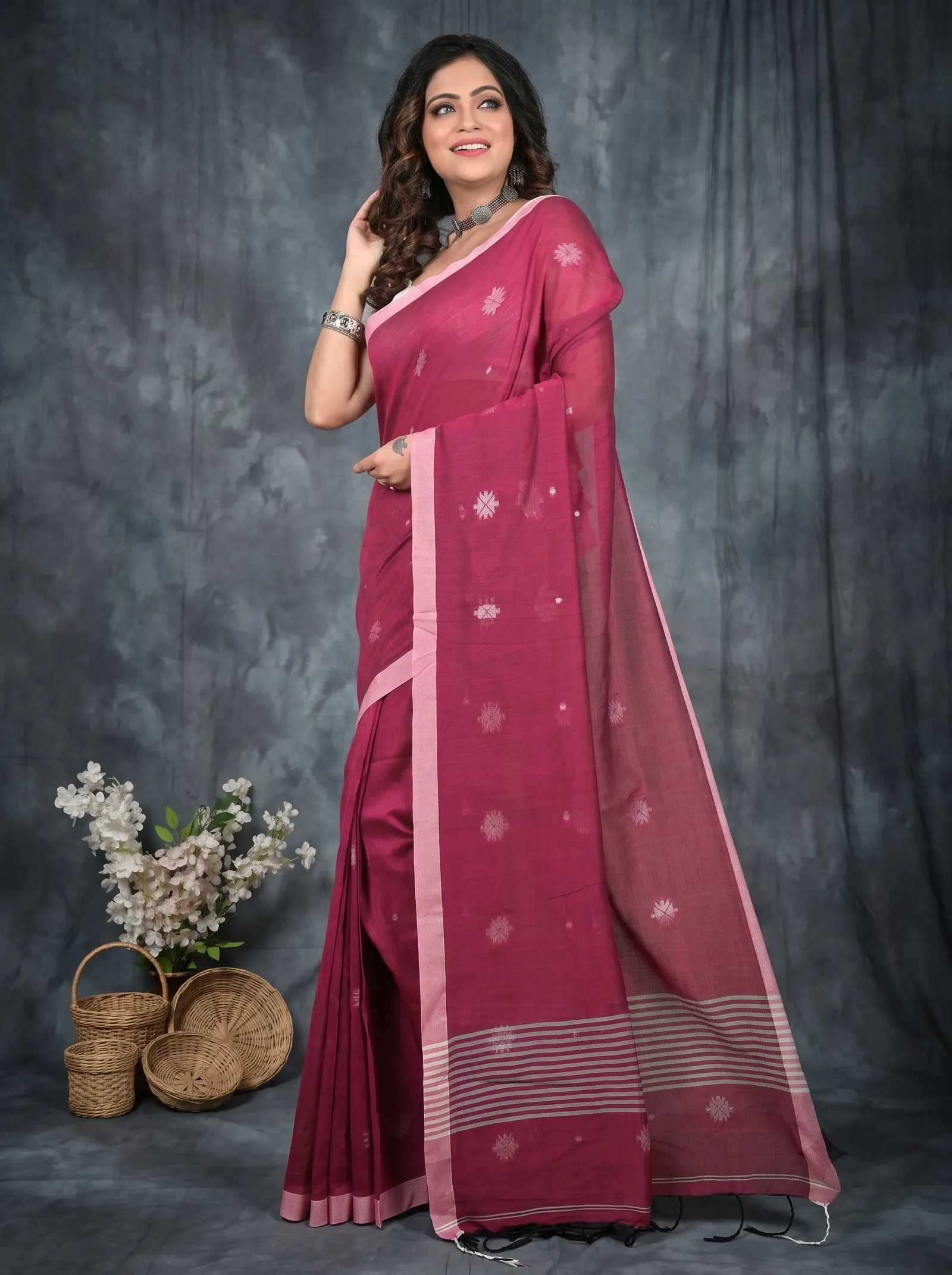 DipDiya Pure Cotton  Artisan Crafted Purpel Traditional Bengali Achbu Handloom Saree
