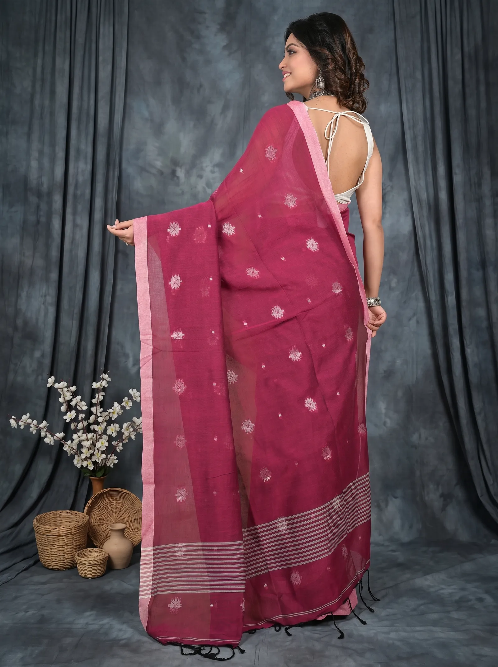 DipDiya Pure Cotton  Artisan Crafted Purpel Traditional Bengali Achbu Handloom Saree