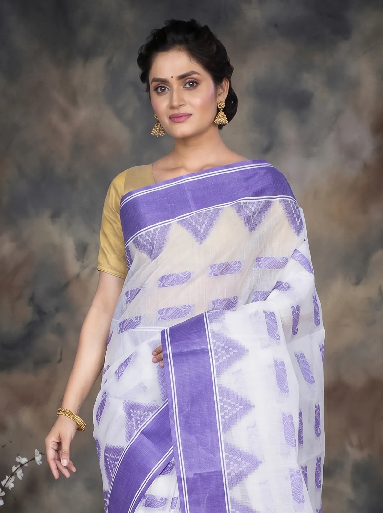 DipDiya Pure Cotton  Artisan Crafted Purple Traditional Bengali Archana Tant Saree