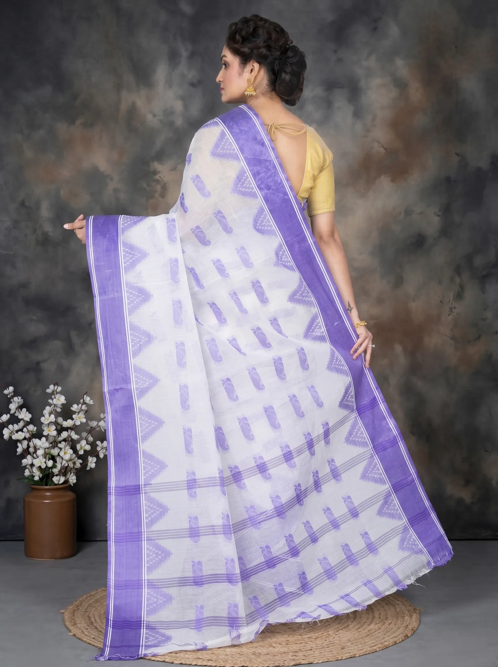 DipDiya Pure Cotton  Artisan Crafted Purple Traditional Bengali Archana Tant Saree