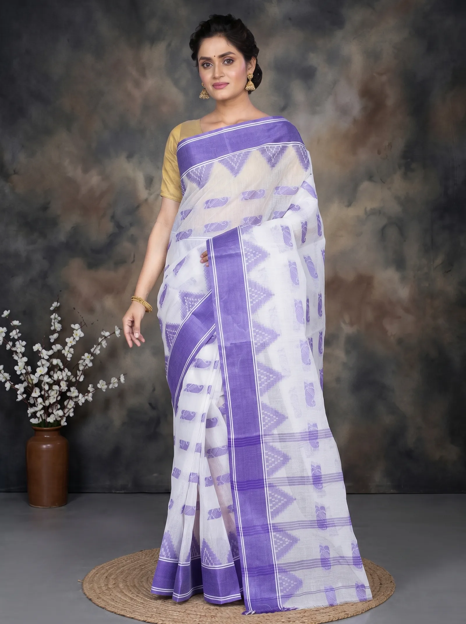 DipDiya Pure Cotton  Artisan Crafted Purple Traditional Bengali Archana Tant Saree