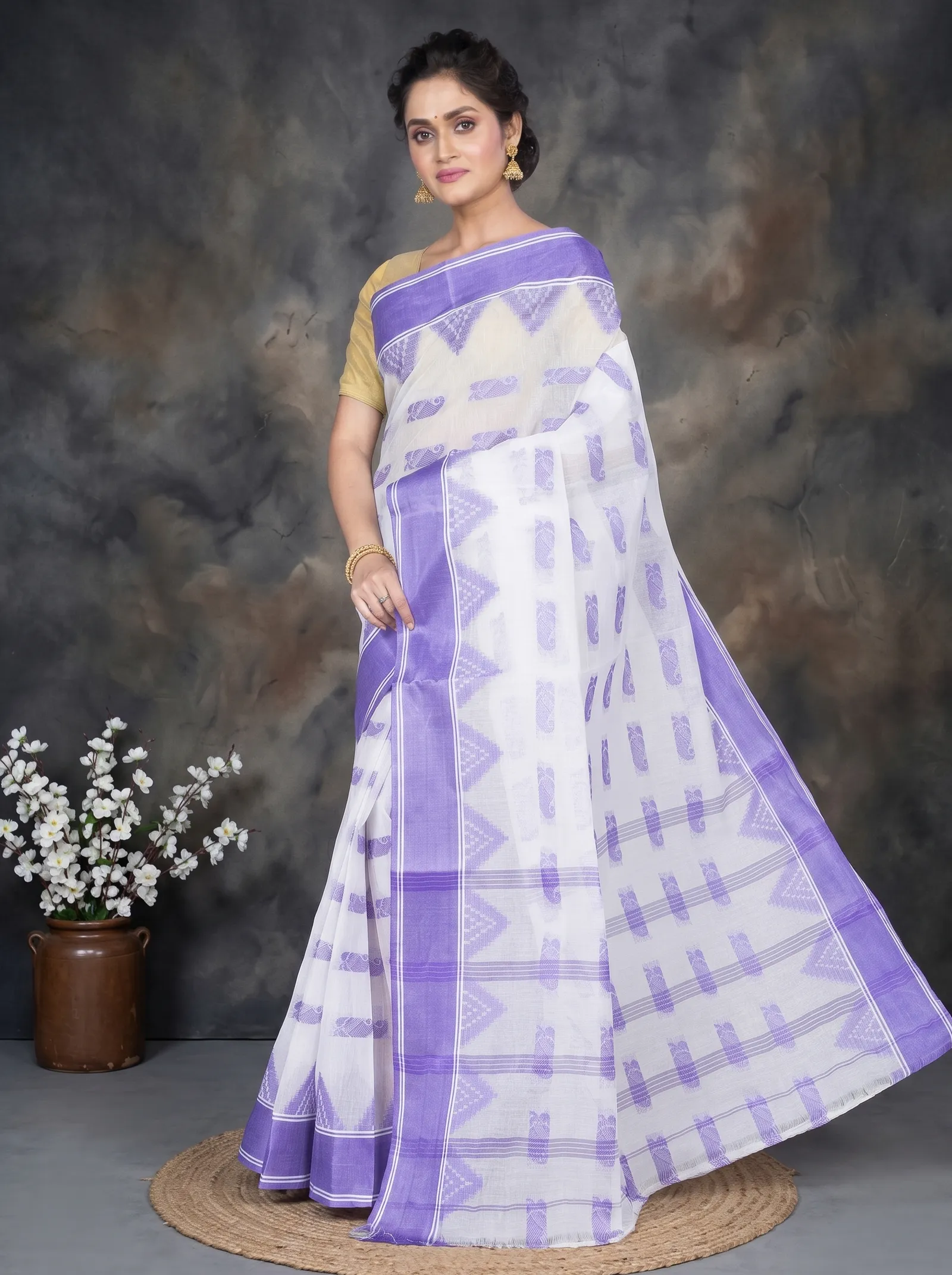 DipDiya Pure Cotton  Artisan Crafted Purple Traditional Bengali Archana Tant Saree