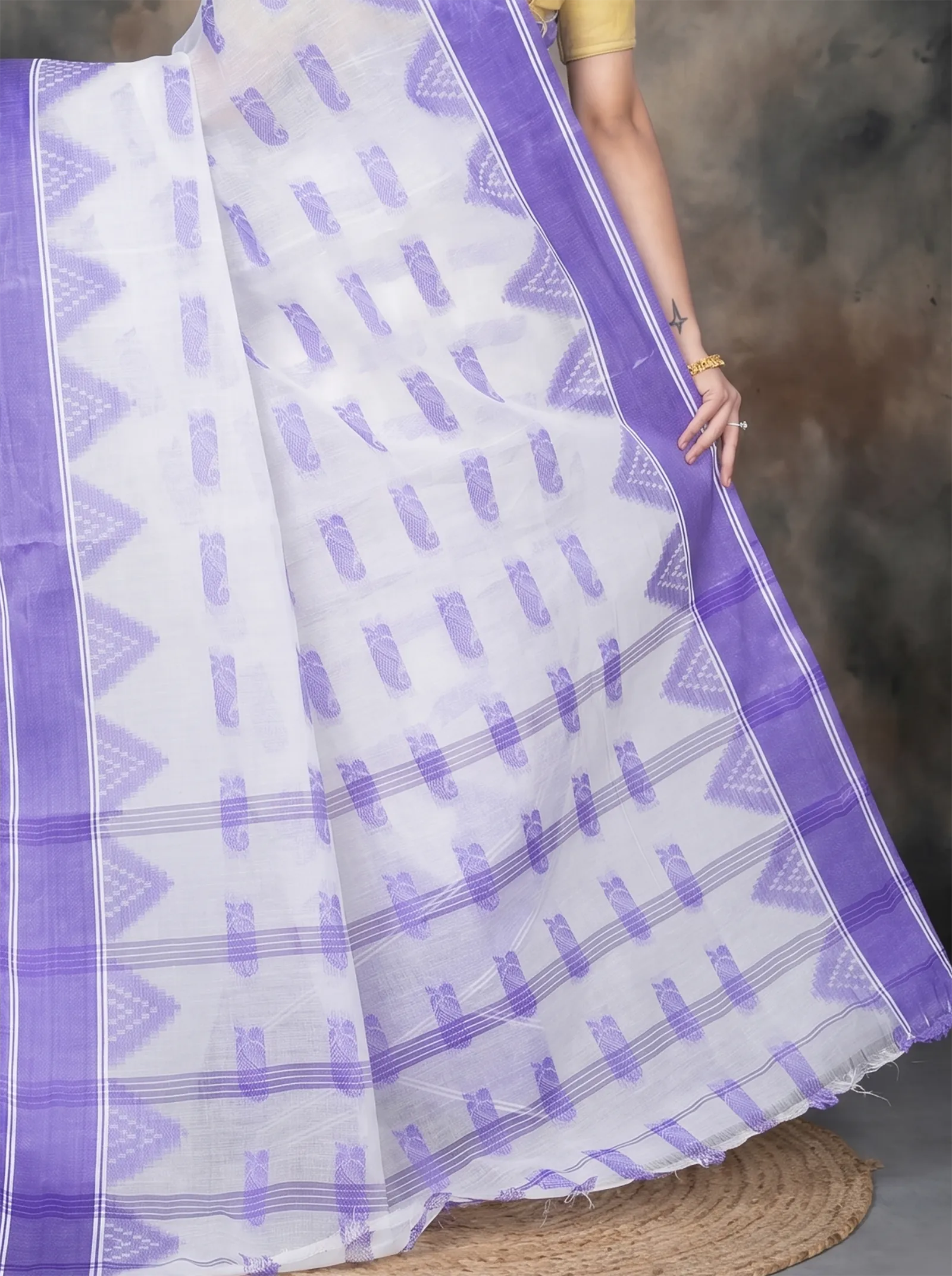 DipDiya Pure Cotton  Artisan Crafted Purple Traditional Bengali Archana Tant Saree