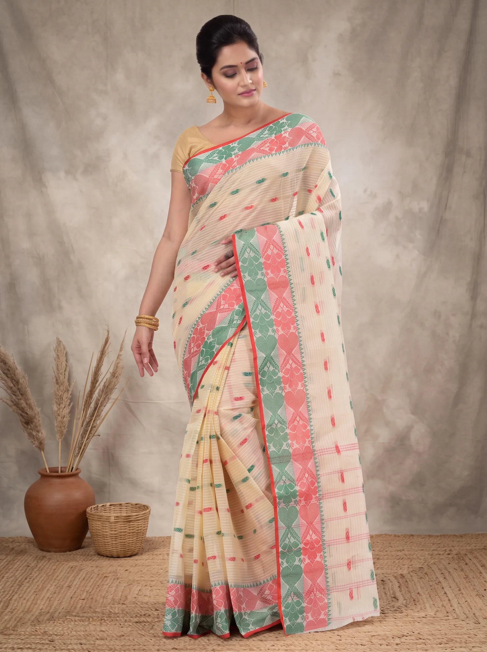 DipDiya Pure Cotton  Artisan Crafted Red Green Traditional Bengali Aged Women Tant Saree