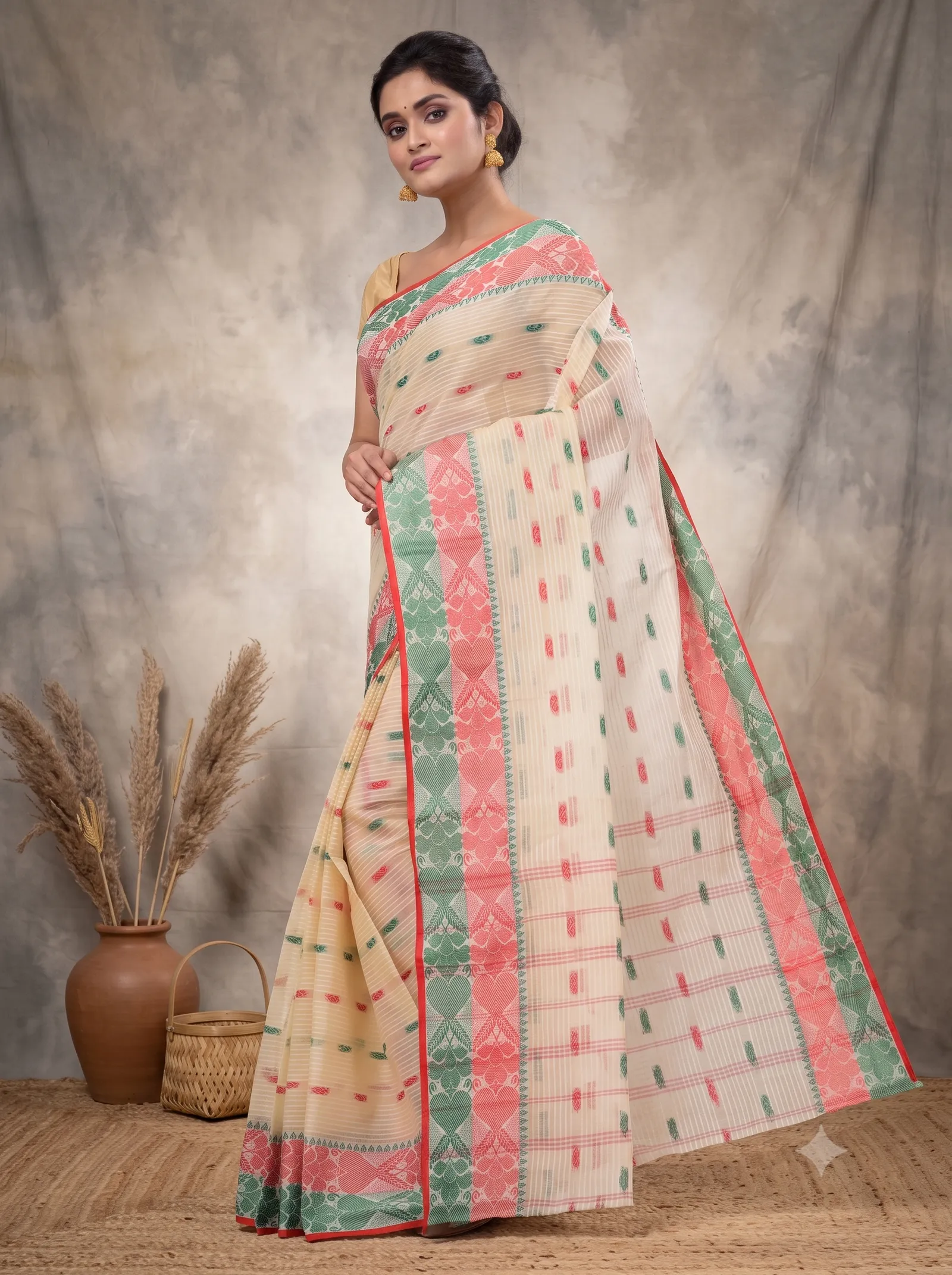 DipDiya Pure Cotton  Artisan Crafted Red Green Traditional Bengali Aged Women Tant Saree