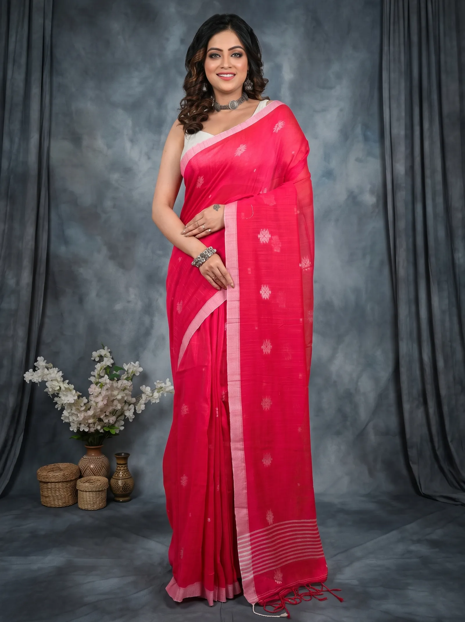 DipDiya Pure Cotton  Artisan Crafted Red Traditional Bengali Achbu Handloom Saree