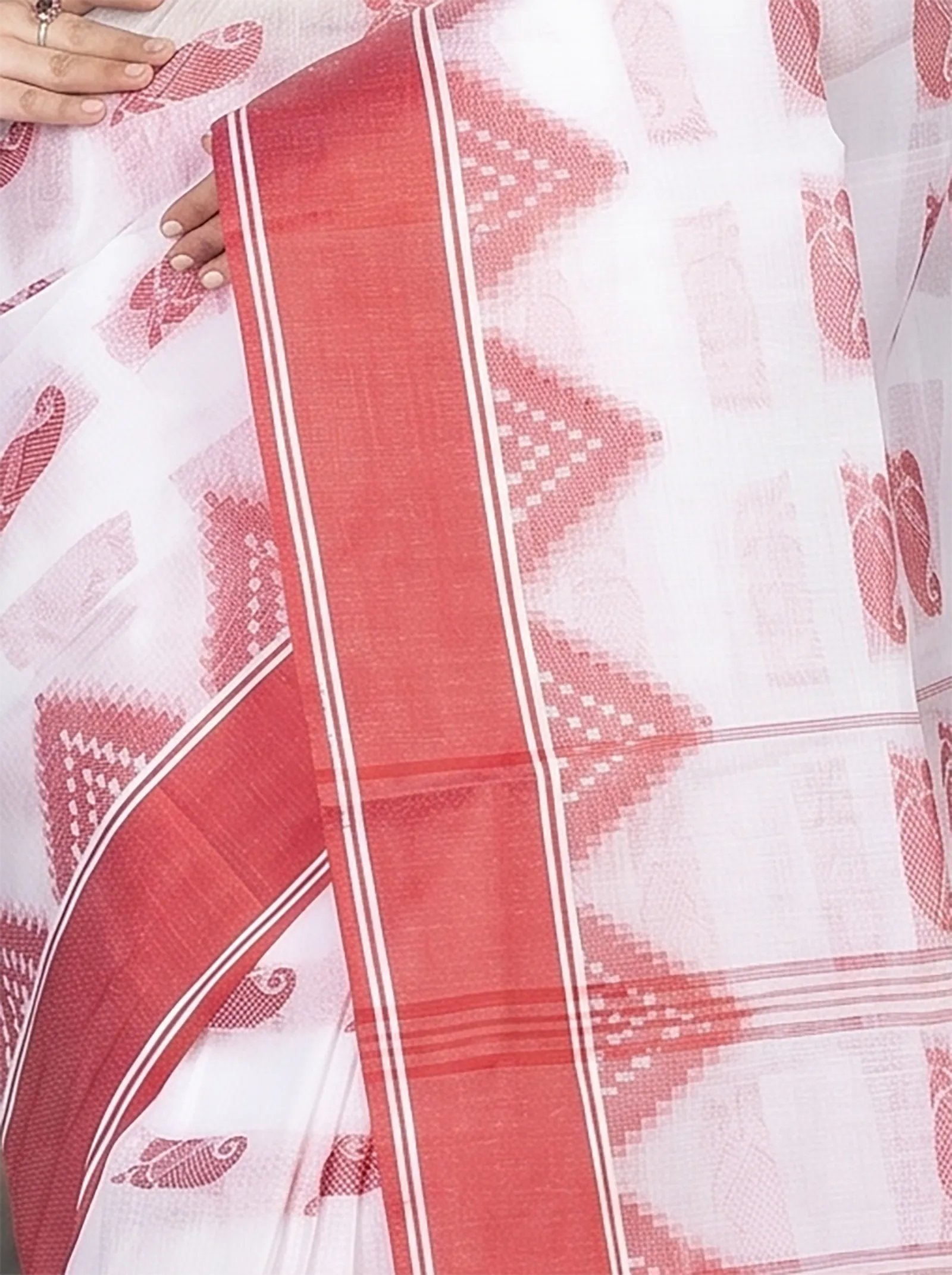 DipDiya Pure Cotton  Artisan Crafted Red Traditional Bengali Archana Tant Saree