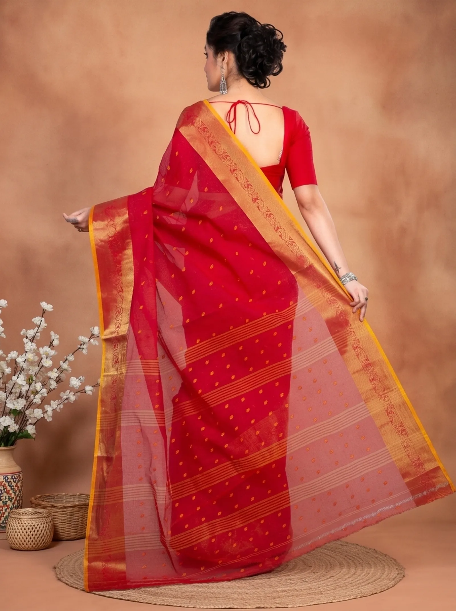 DipDiya Pure Cotton  Artisan Crafted Red Traditional Bengali Churi Par Tant Saree