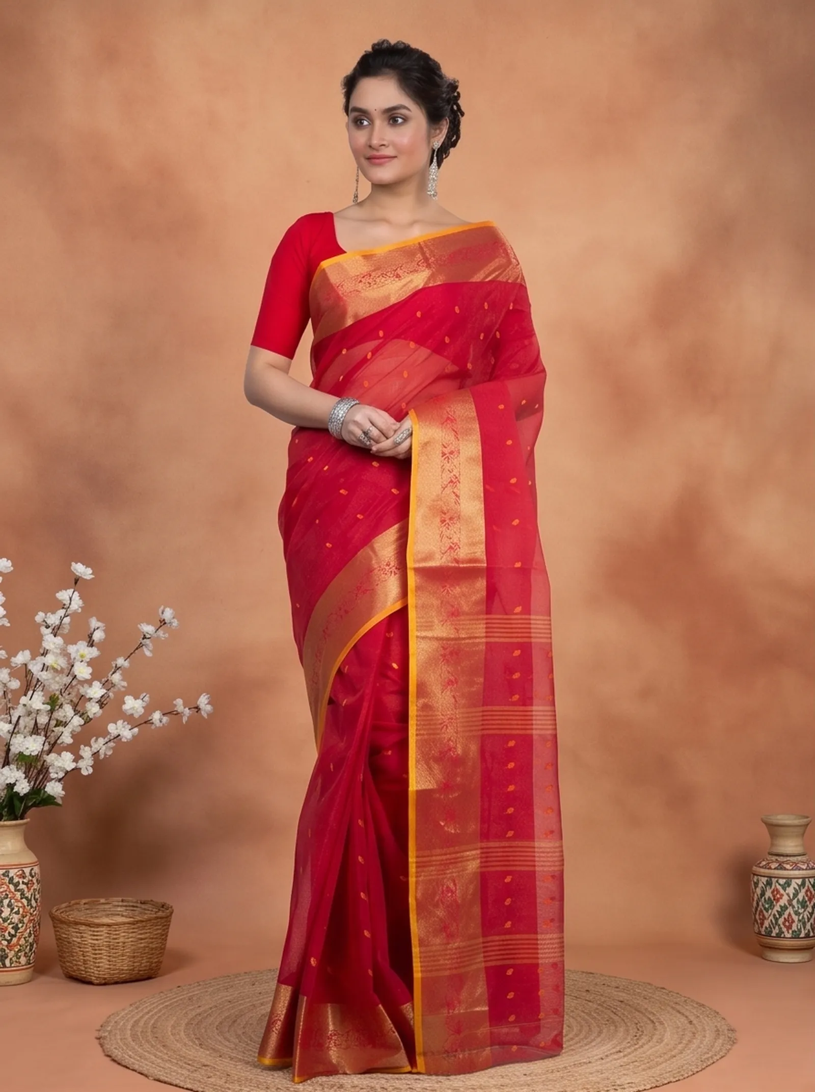 DipDiya Pure Cotton  Artisan Crafted Red Traditional Bengali Churi Par Tant Saree