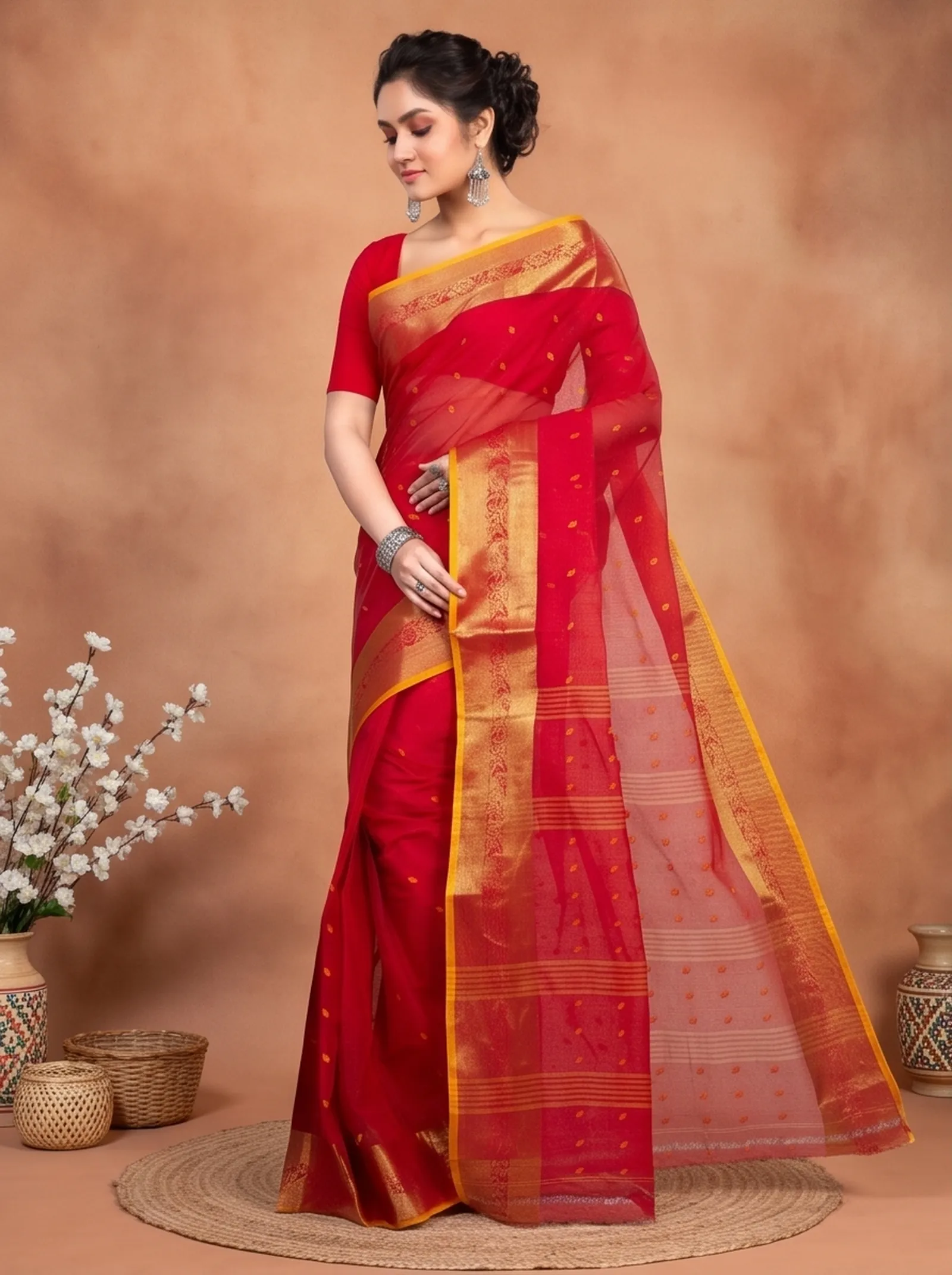 DipDiya Pure Cotton  Artisan Crafted Red Traditional Bengali Churi Par Tant Saree