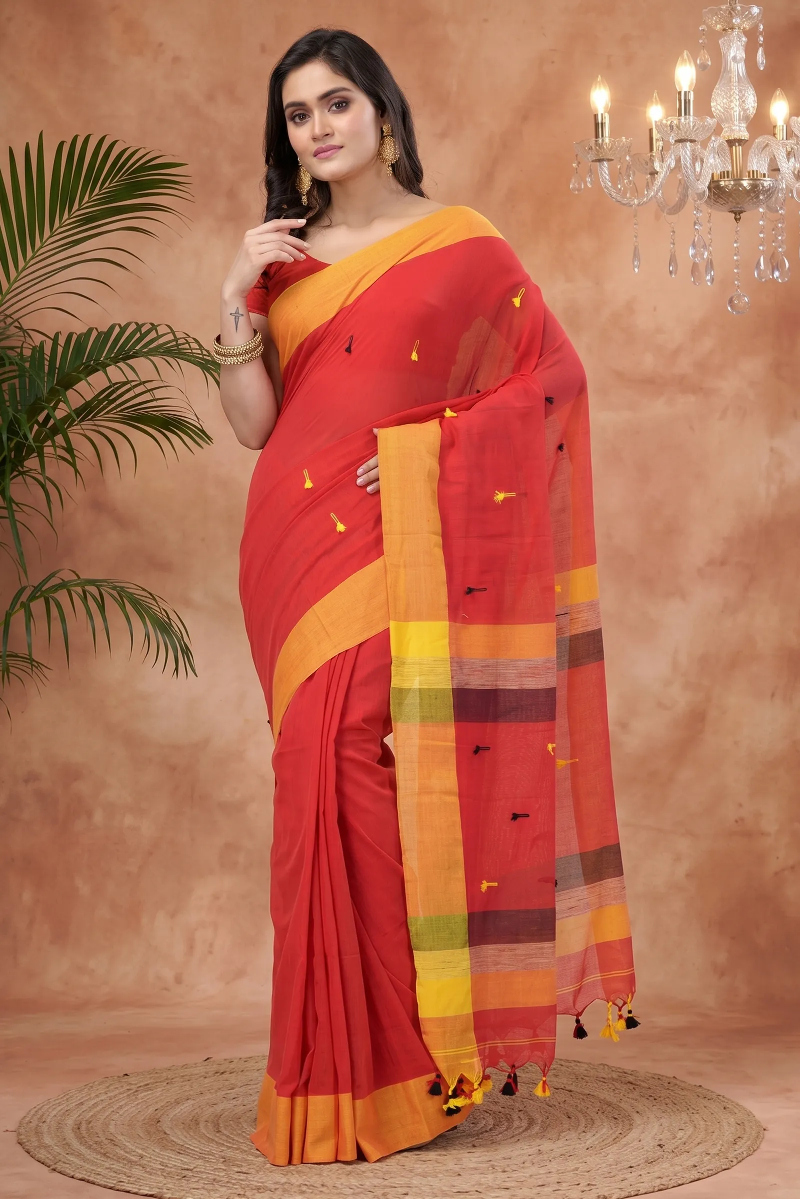 DipDiya Pure Cotton  Artisan Crafted Red Traditional Bengali Clacial Desigined Handloom Saree