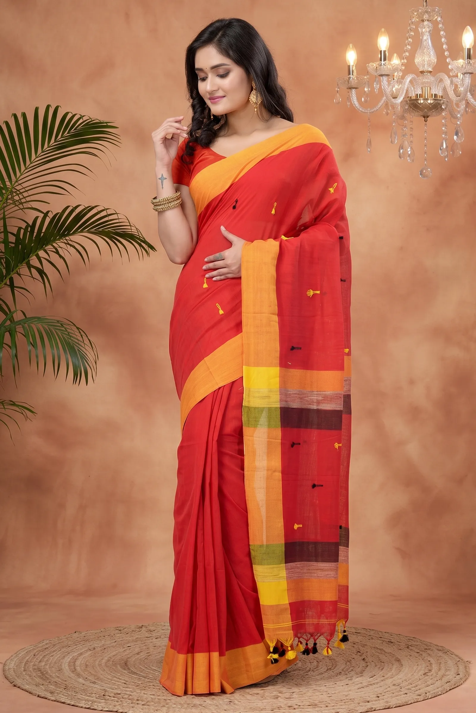 DipDiya Pure Cotton  Artisan Crafted Red Traditional Bengali Clacial Desigined Handloom Saree