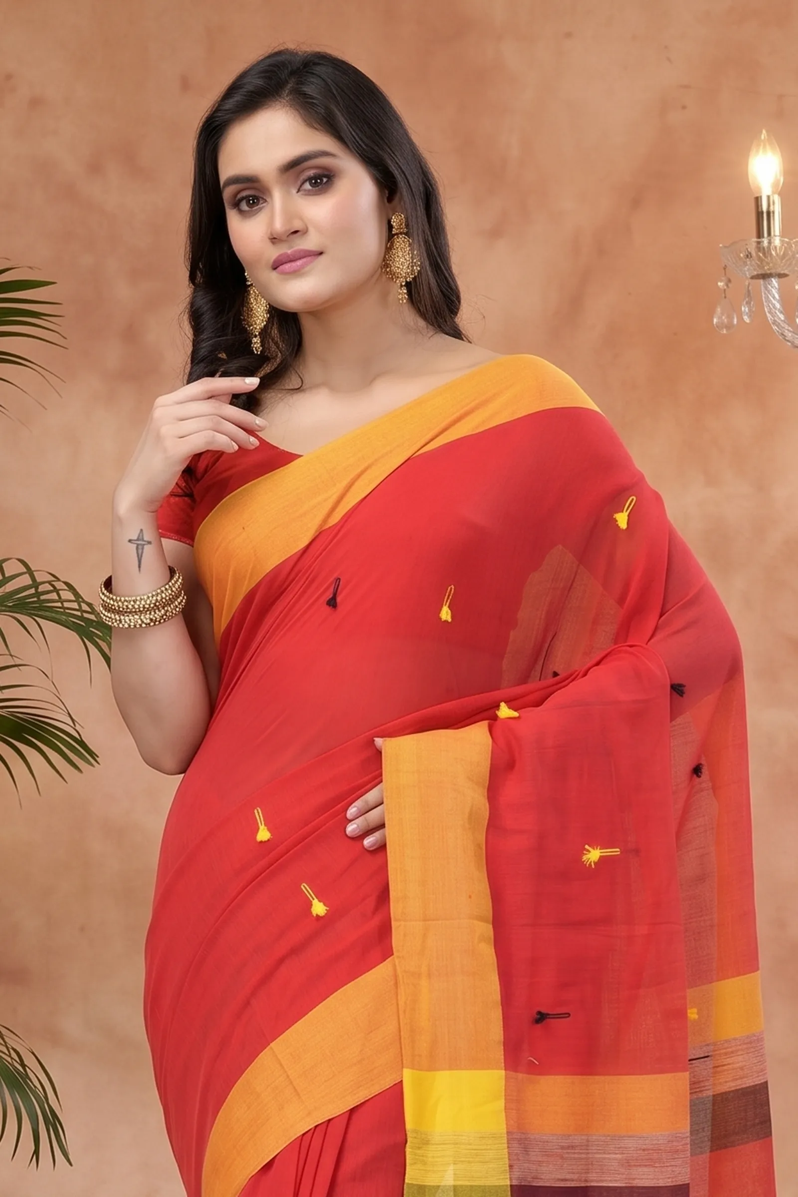 DipDiya Pure Cotton  Artisan Crafted Red Traditional Bengali Clacial Desigined Handloom Saree