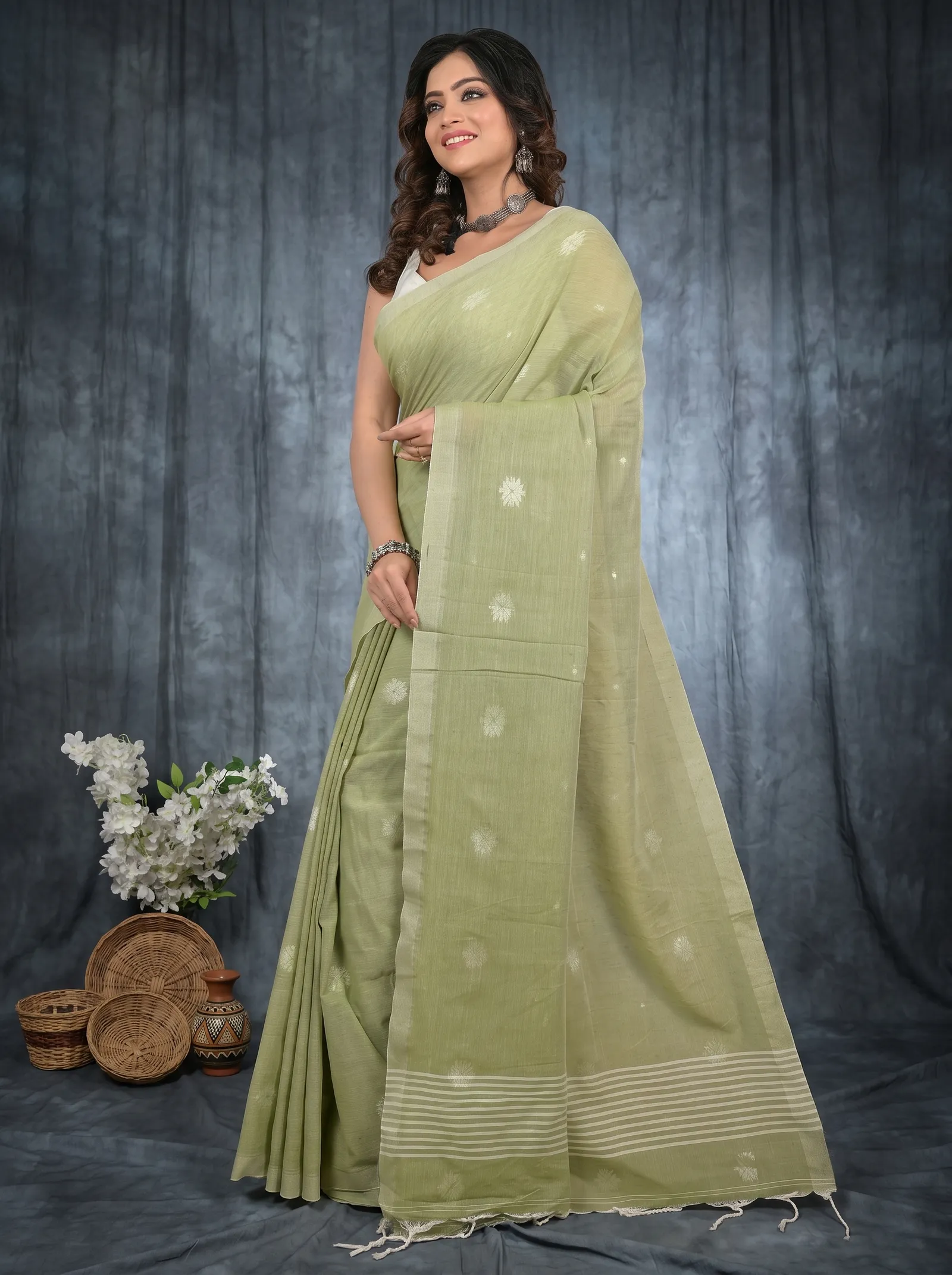 DipDiya Pure Cotton  Artisan Crafted Sage Green Traditional Bengali Achbu Handloom Saree