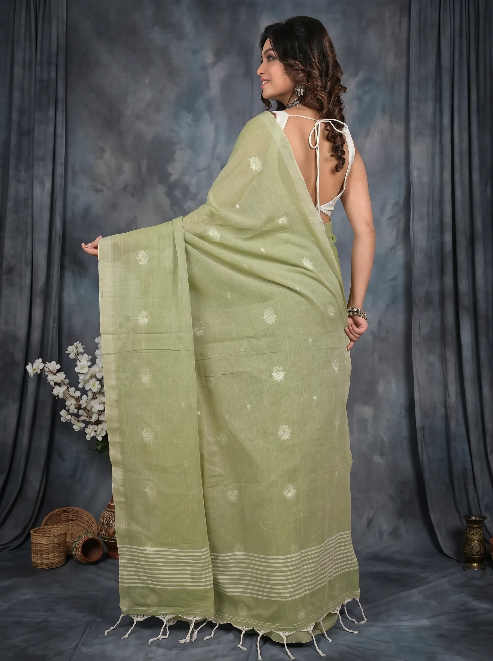 DipDiya Pure Cotton  Artisan Crafted Sage Green Traditional Bengali Achbu Handloom Saree
