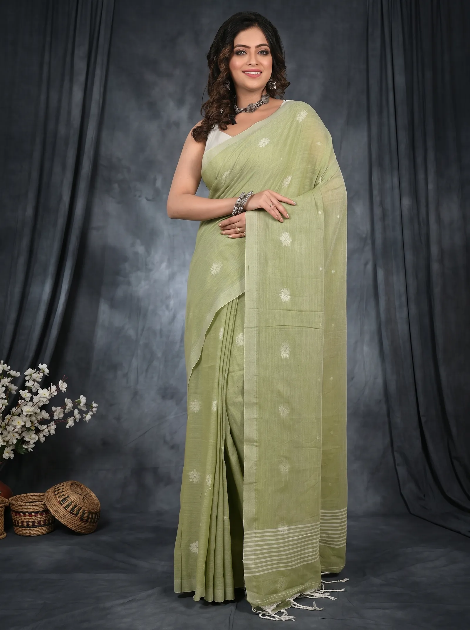 DipDiya Pure Cotton  Artisan Crafted Sage Green Traditional Bengali Achbu Handloom Saree