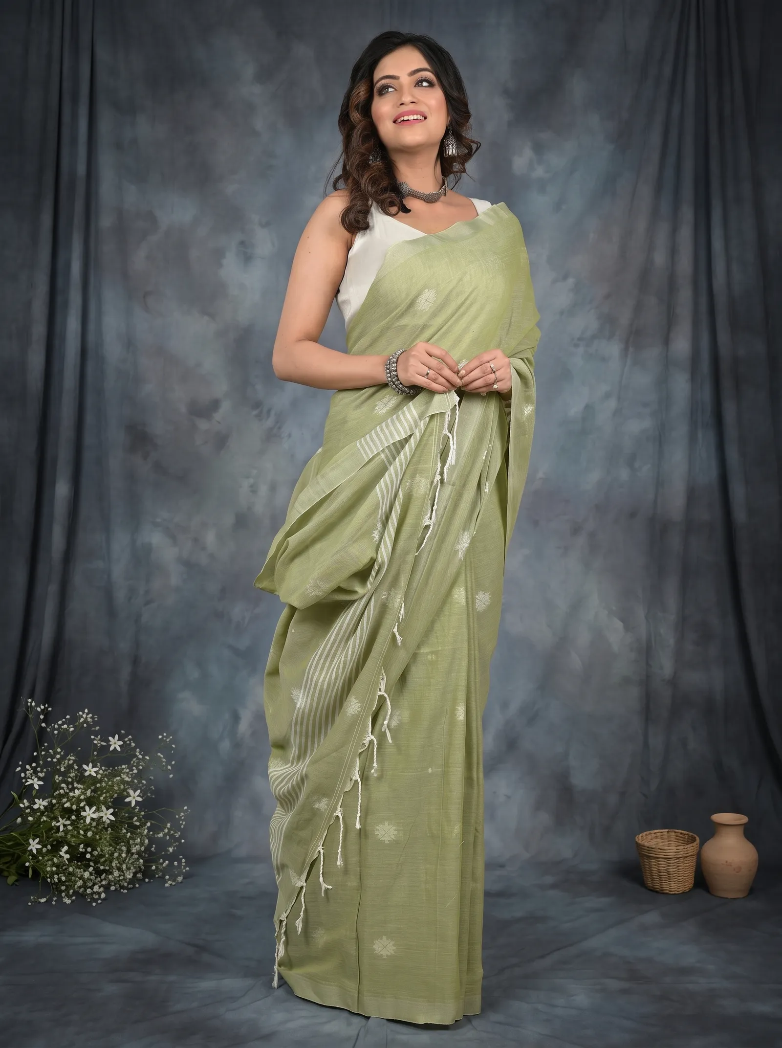 DipDiya Pure Cotton  Artisan Crafted Sage Green Traditional Bengali Achbu Handloom Saree