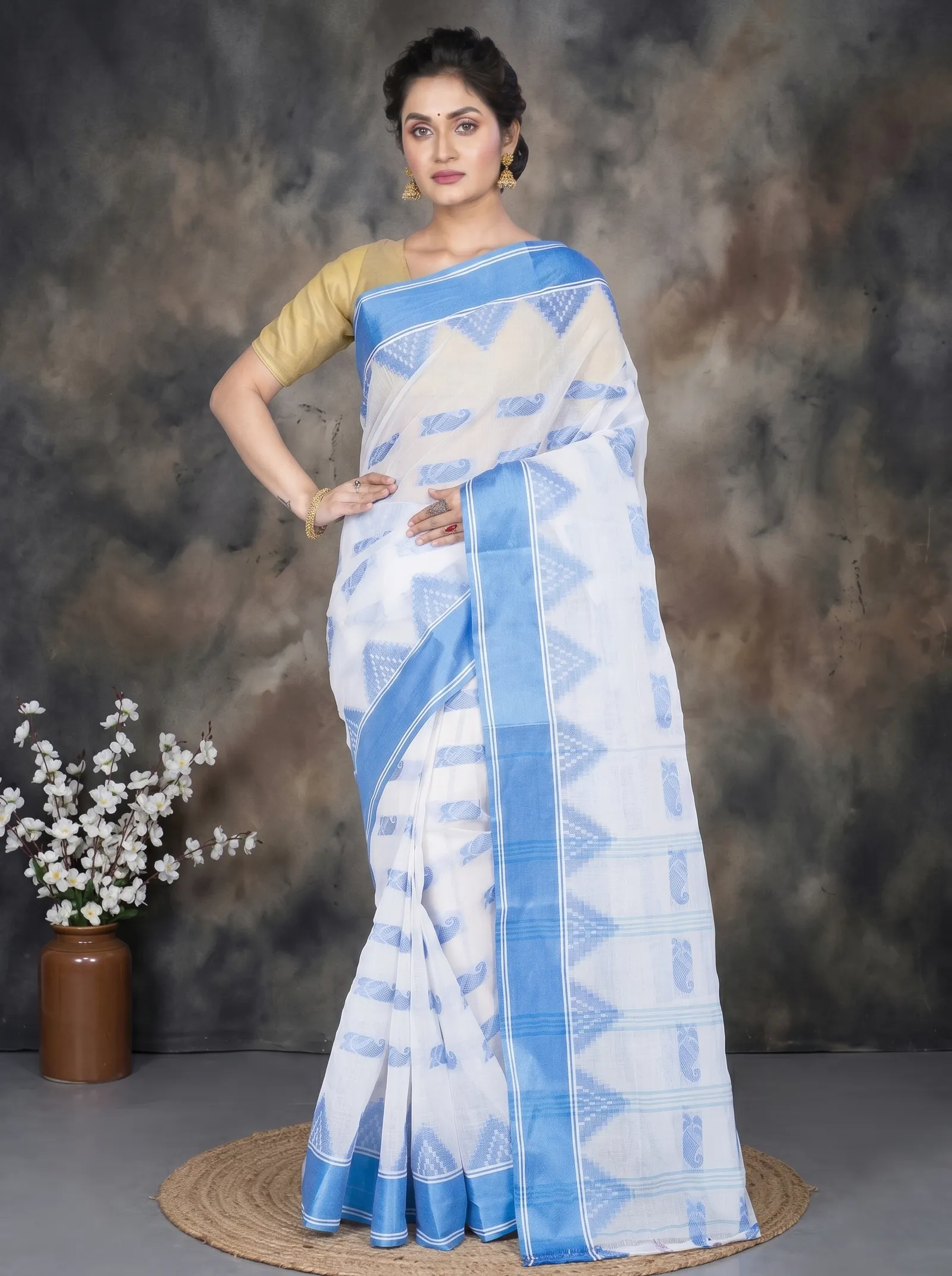 DipDiya Pure Cotton  Artisan Crafted Sky Blue Traditional Bengali Archana Tant Saree