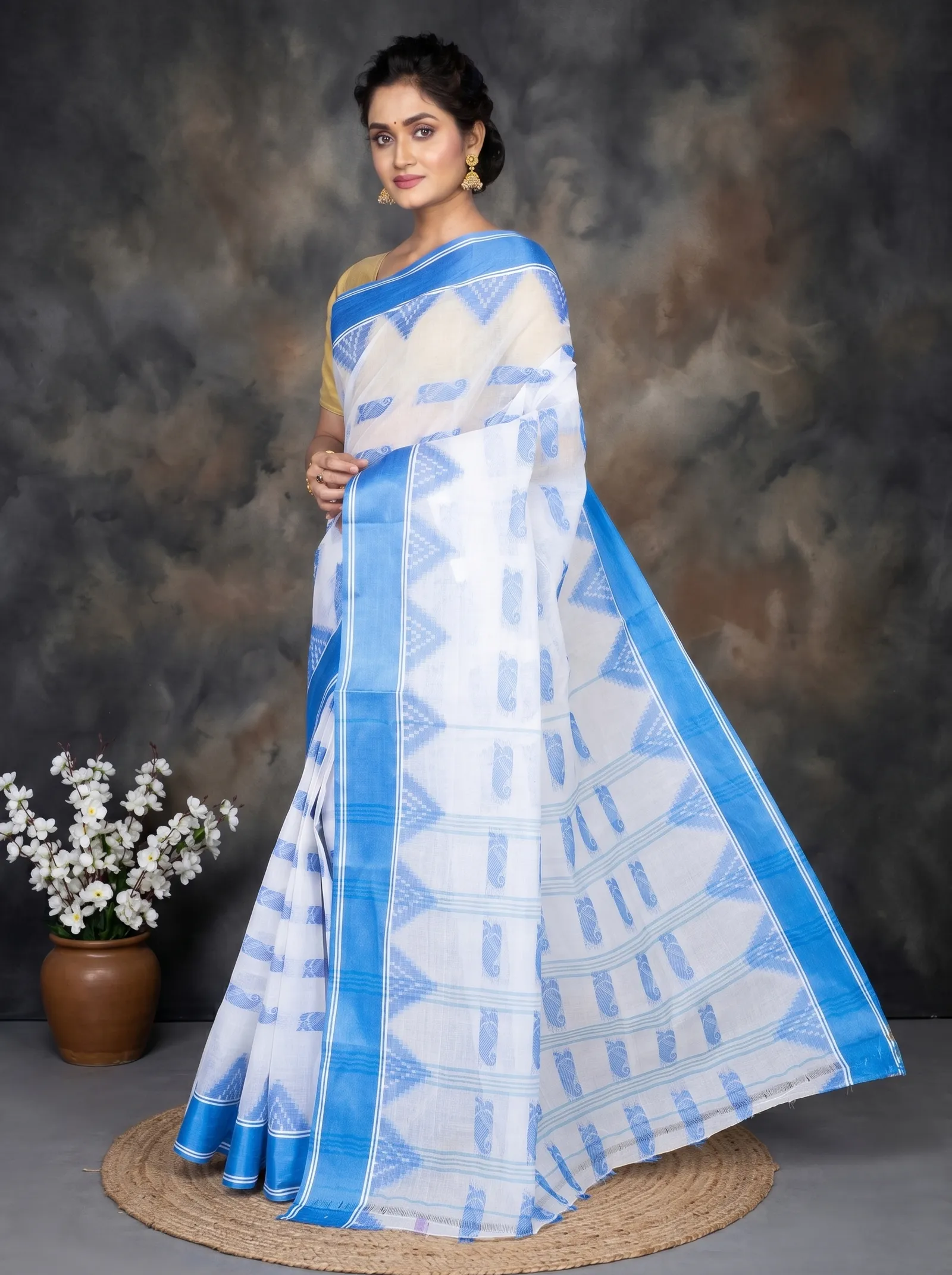 DipDiya Pure Cotton  Artisan Crafted Sky Blue Traditional Bengali Archana Tant Saree