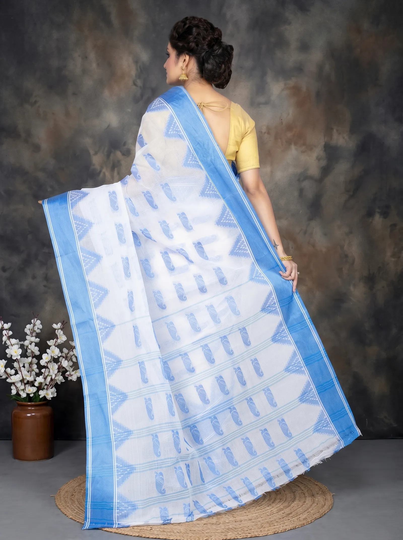 DipDiya Pure Cotton  Artisan Crafted Sky Blue Traditional Bengali Archana Tant Saree