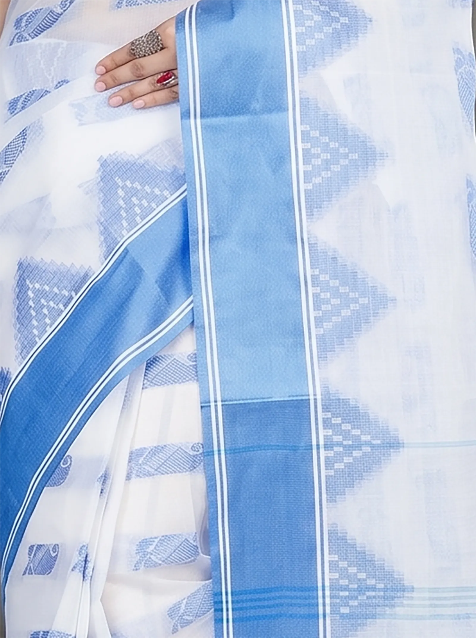 DipDiya Pure Cotton  Artisan Crafted Sky Blue Traditional Bengali Archana Tant Saree