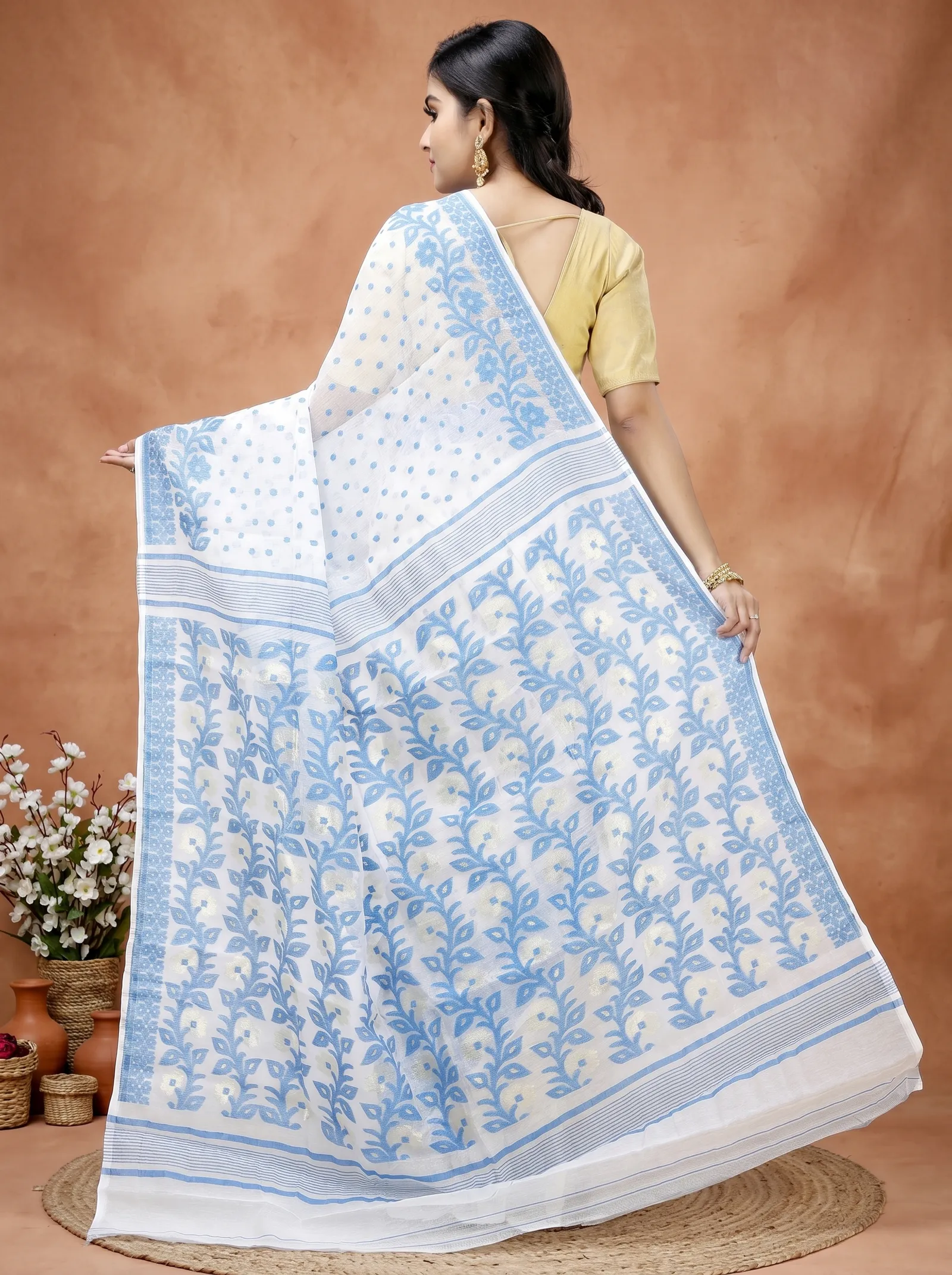 DipDiya Pure Cotton  Artisan Crafted Sky Blue Traditional Bengali Boll Jamdani Jamdani Saree