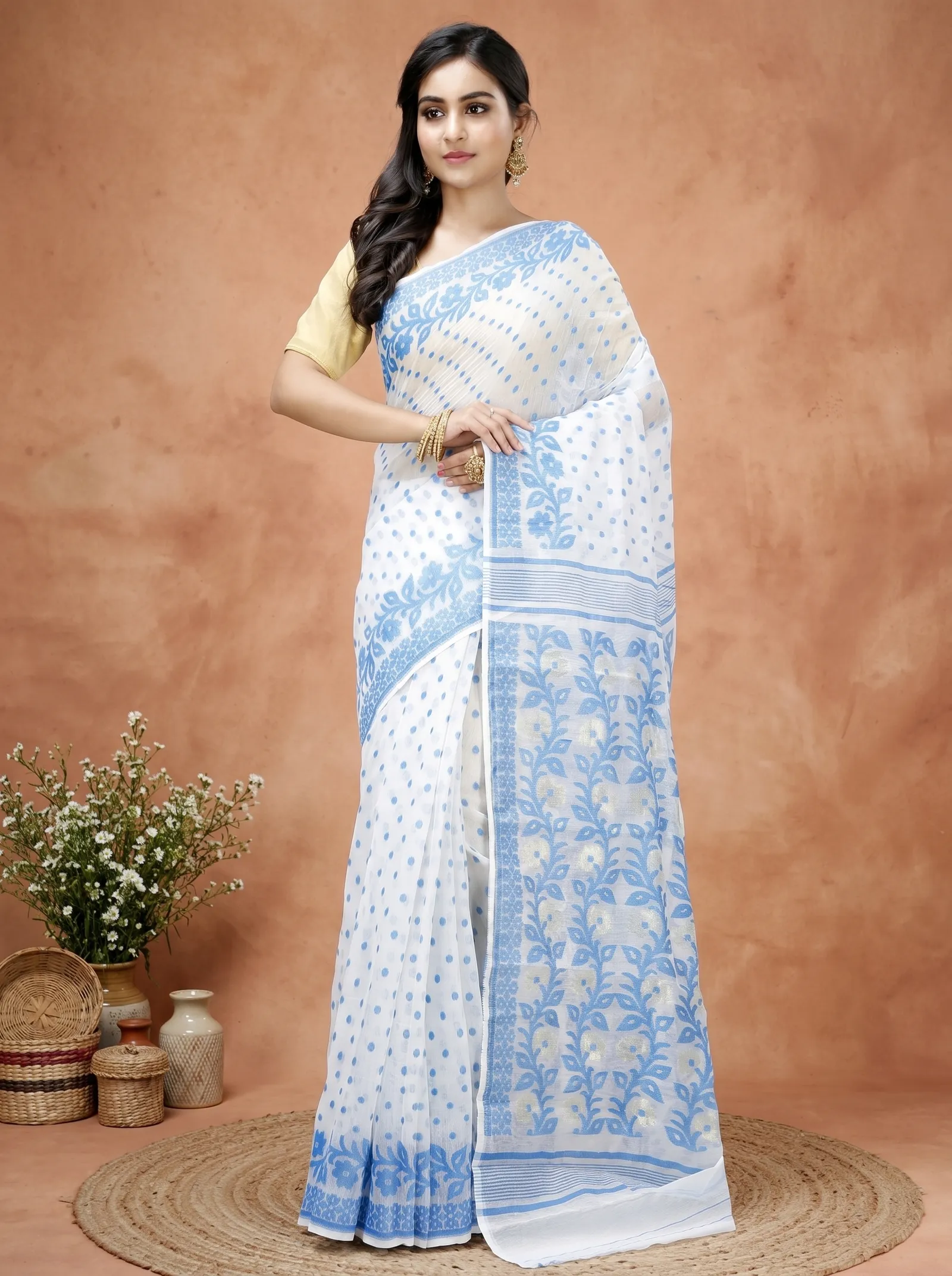 DipDiya Pure Cotton  Artisan Crafted Sky Blue Traditional Bengali Boll Jamdani Jamdani Saree