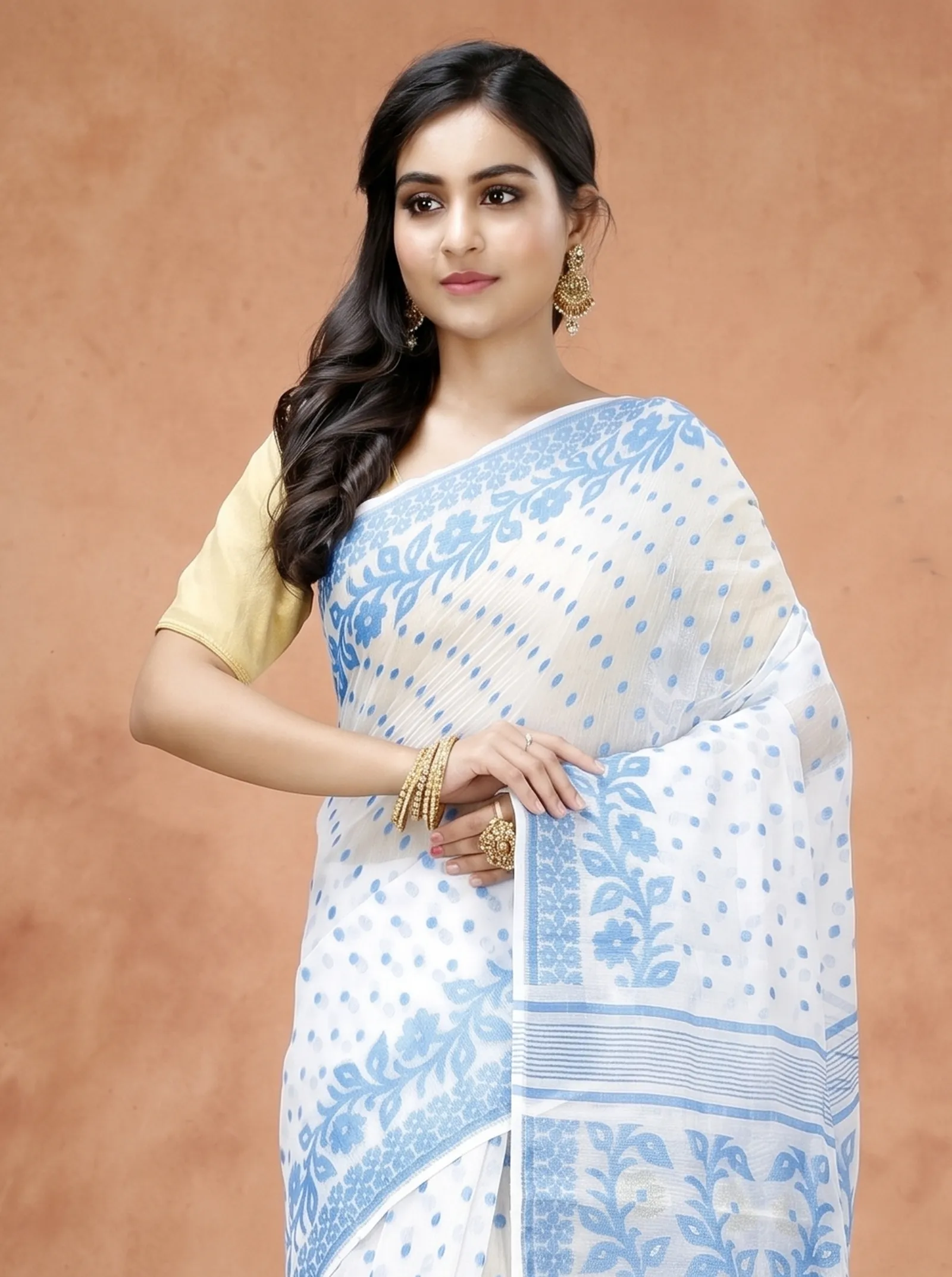 DipDiya Pure Cotton  Artisan Crafted Sky Blue Traditional Bengali Boll Jamdani Jamdani Saree