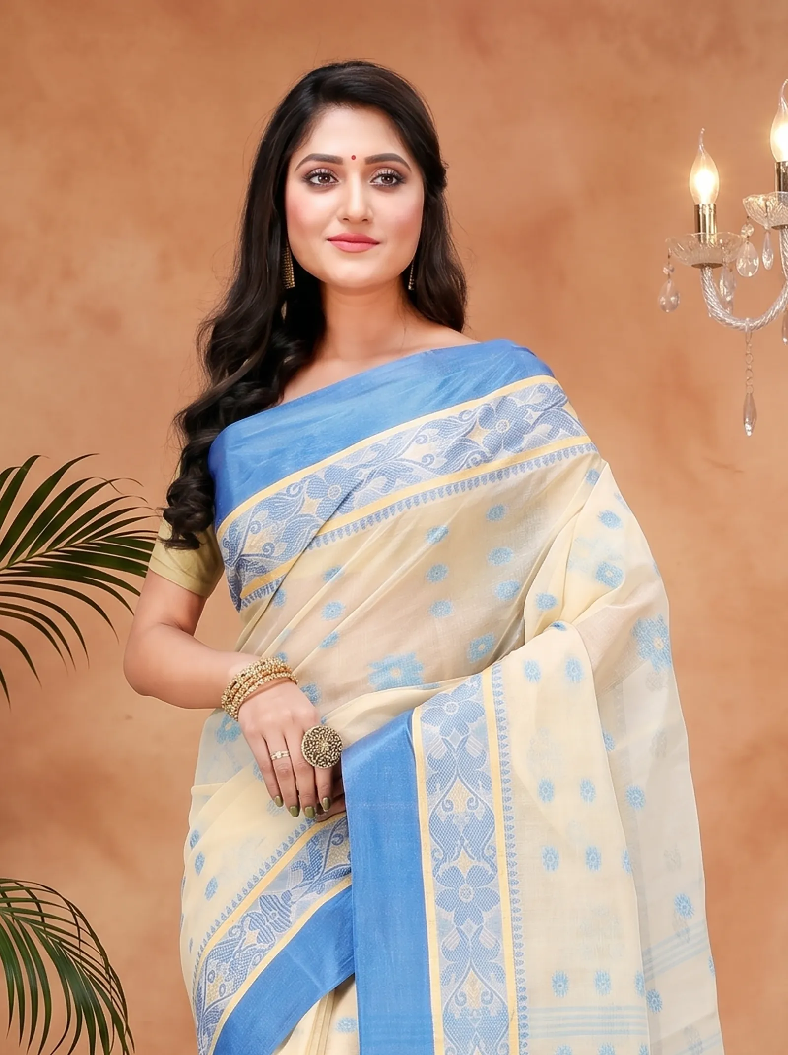 DipDiya Pure Cotton  Artisan Crafted Sky Blue Traditional Bengali BolLata Tant Tant Saree