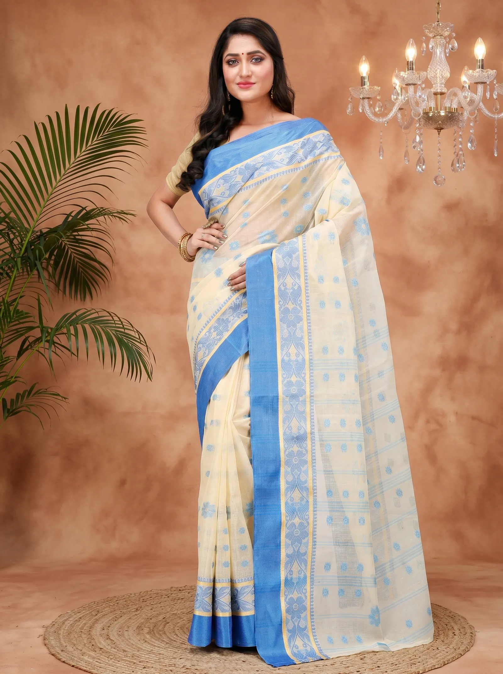 DipDiya Pure Cotton  Artisan Crafted Sky Blue Traditional Bengali BolLata Tant Tant Saree