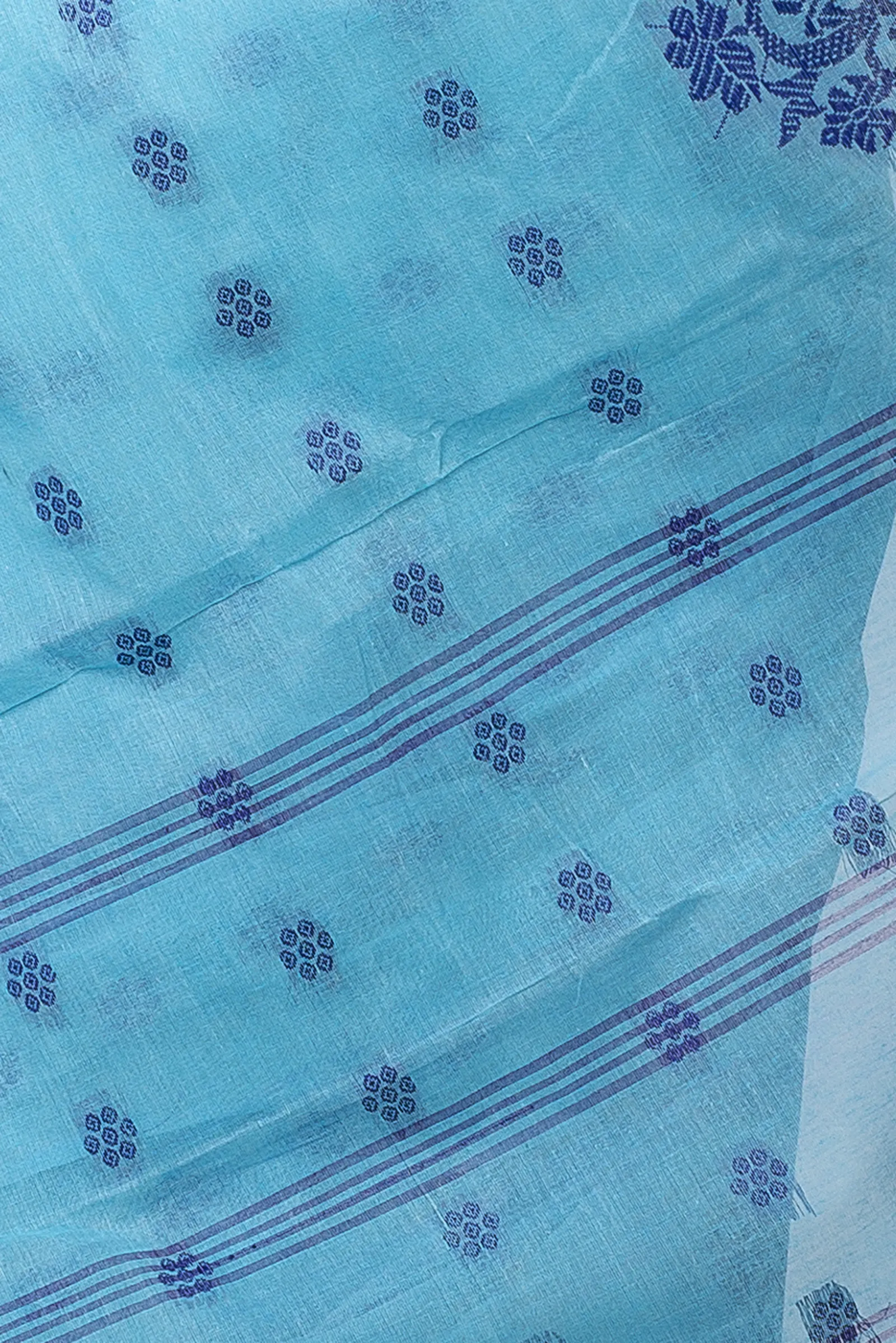 DipDiya Pure Cotton  Artisan Crafted Sky Blue Traditional Bengali Botgach Tant Saree