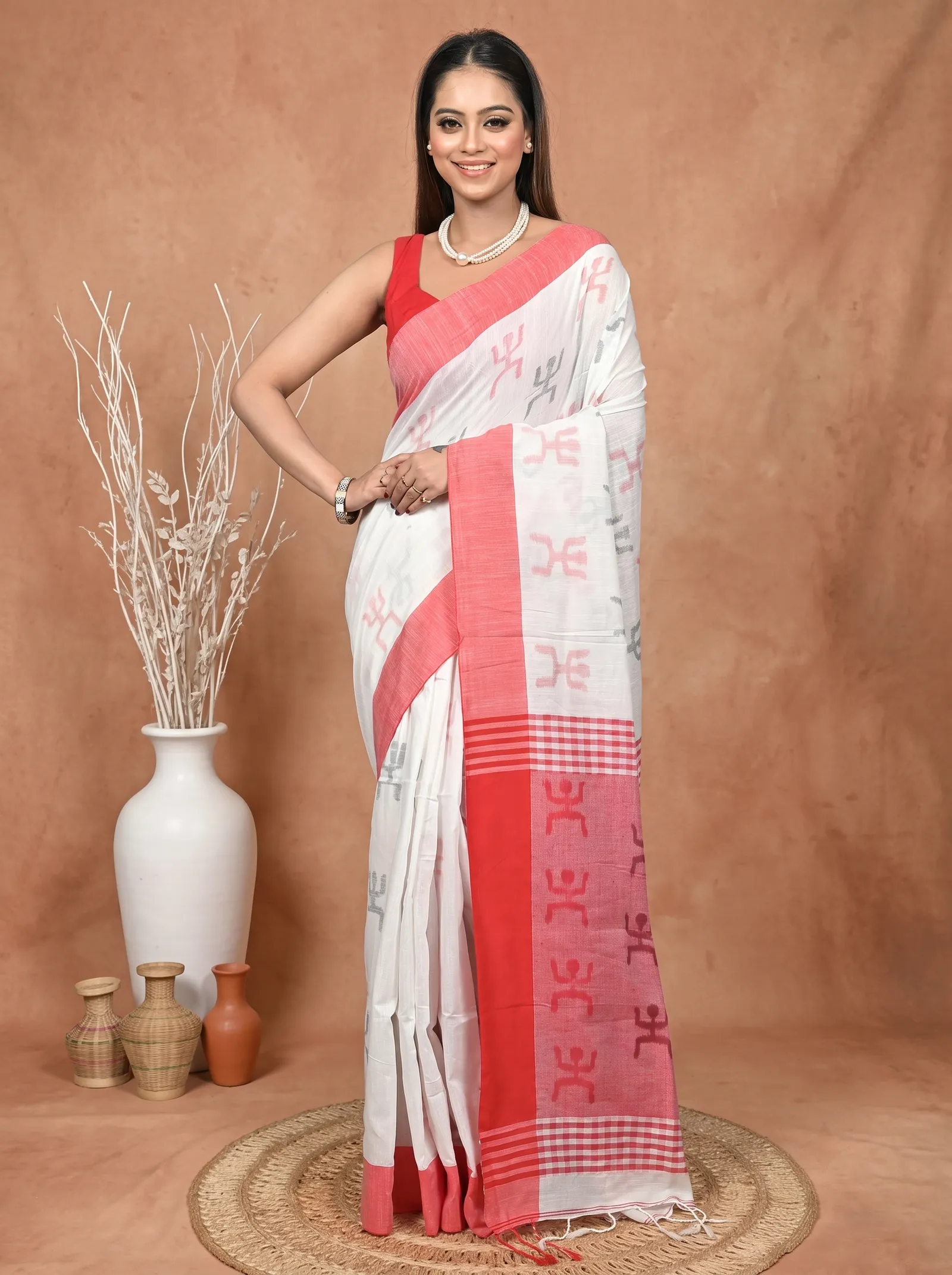 DipDiya Pure Cotton  Artisan Crafted White Red Traditional Bengali Borma Handloom Saree