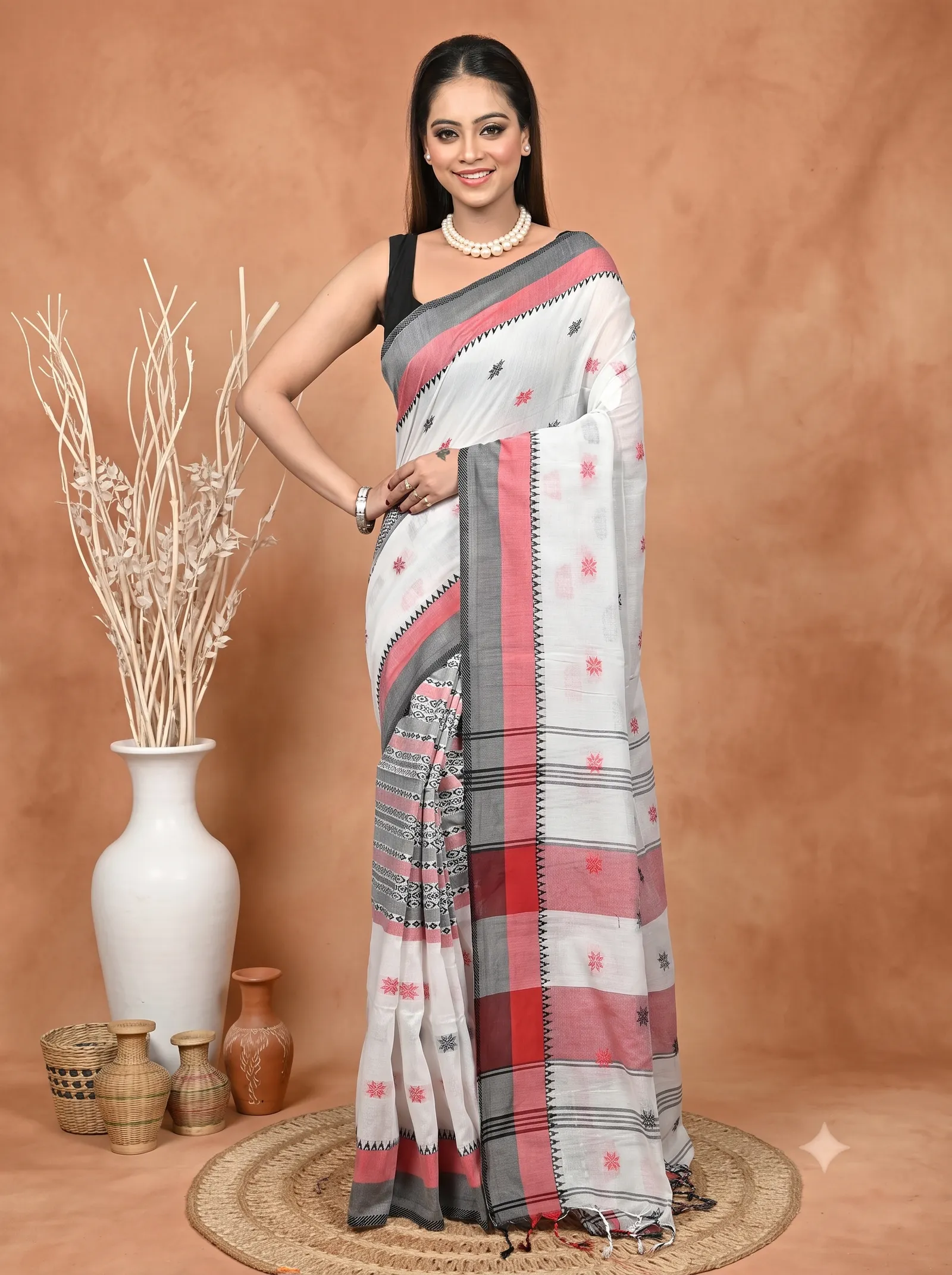 DipDiya Pure Cotton  Artisan Crafted White Red Traditional Bengali Bormaa Handloom Saree