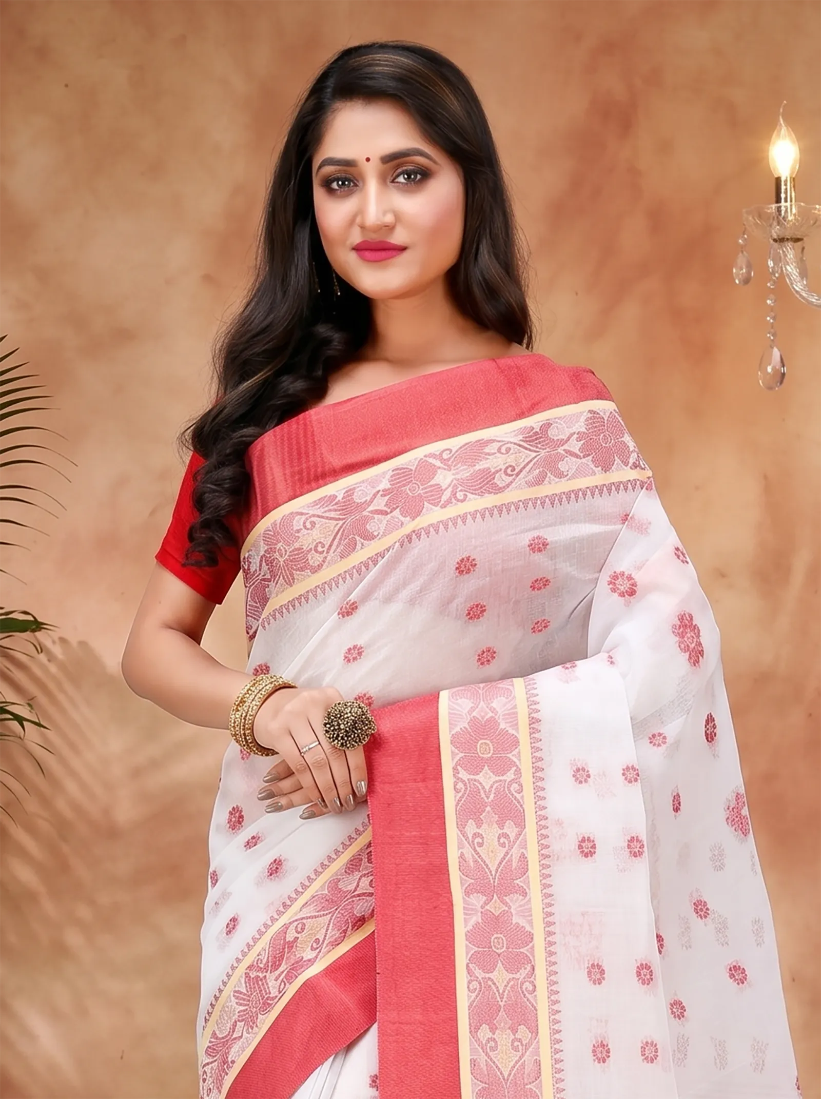 DipDiya Pure Cotton  Artisan Crafted White Traditional Bengali BolLata Tant Tant Saree