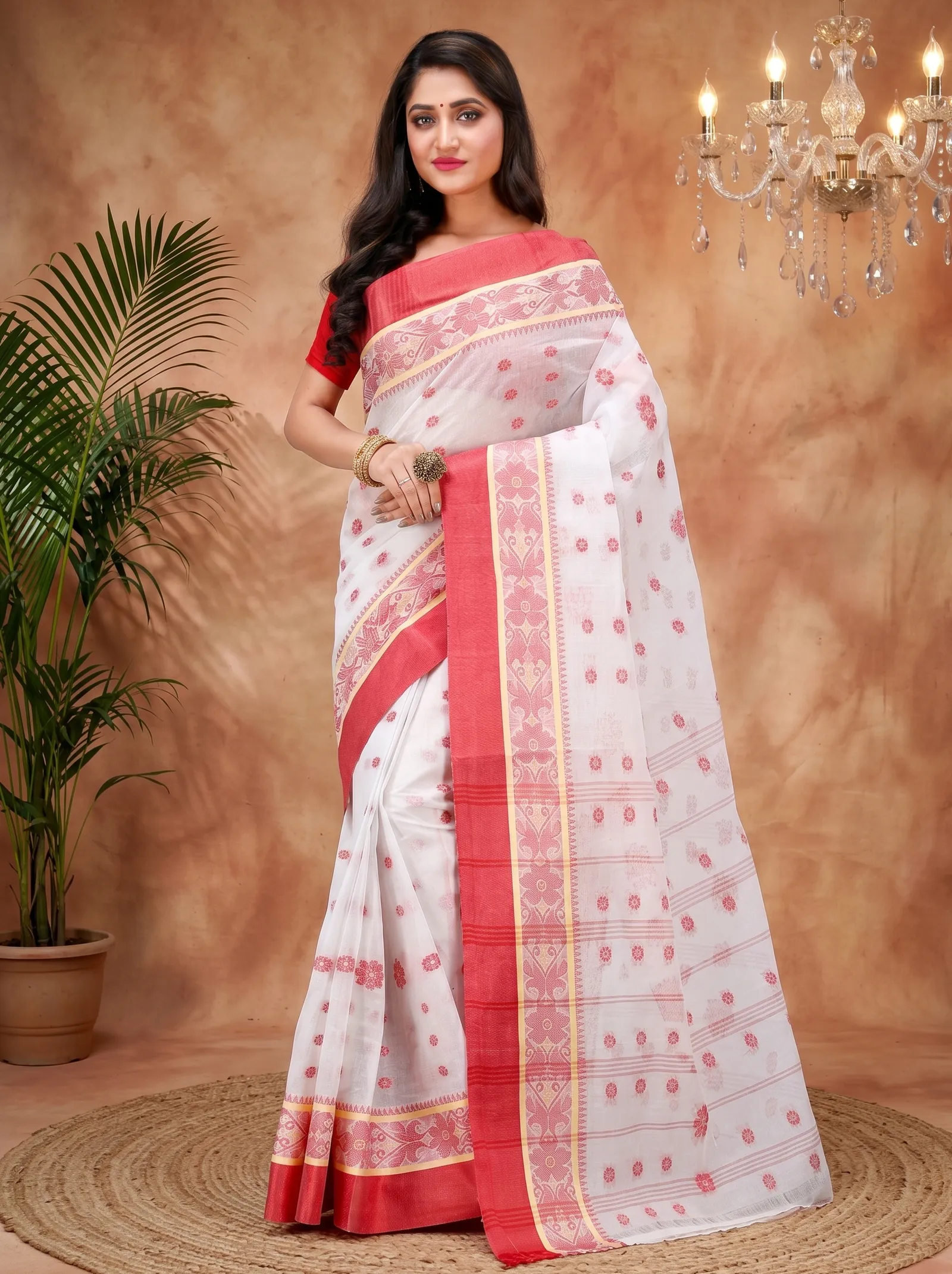 DipDiya Pure Cotton  Artisan Crafted White Traditional Bengali BolLata Tant Tant Saree