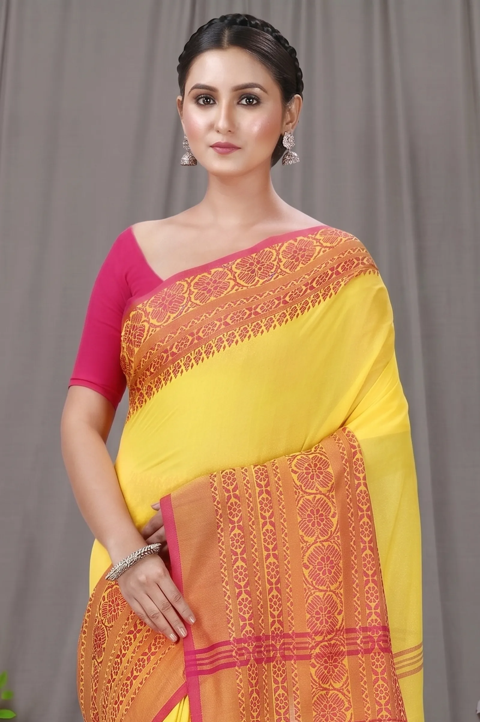 DipDiya Pure Cotton  Artisan Crafted Yellow Red Traditional Bengali Begompuri Hand Handloom Saree