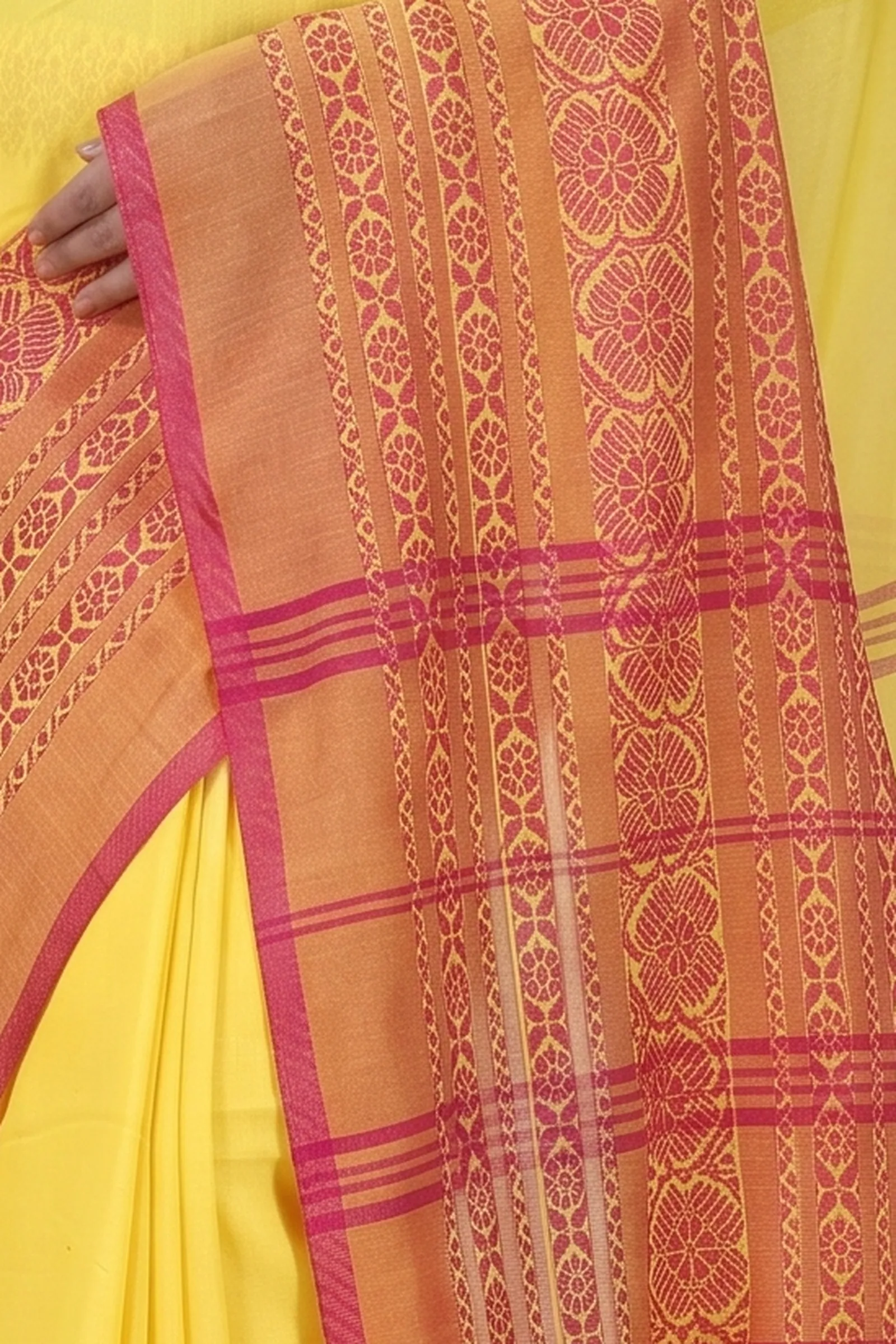 DipDiya Pure Cotton  Artisan Crafted Yellow Red Traditional Bengali Begompuri Hand Handloom Saree