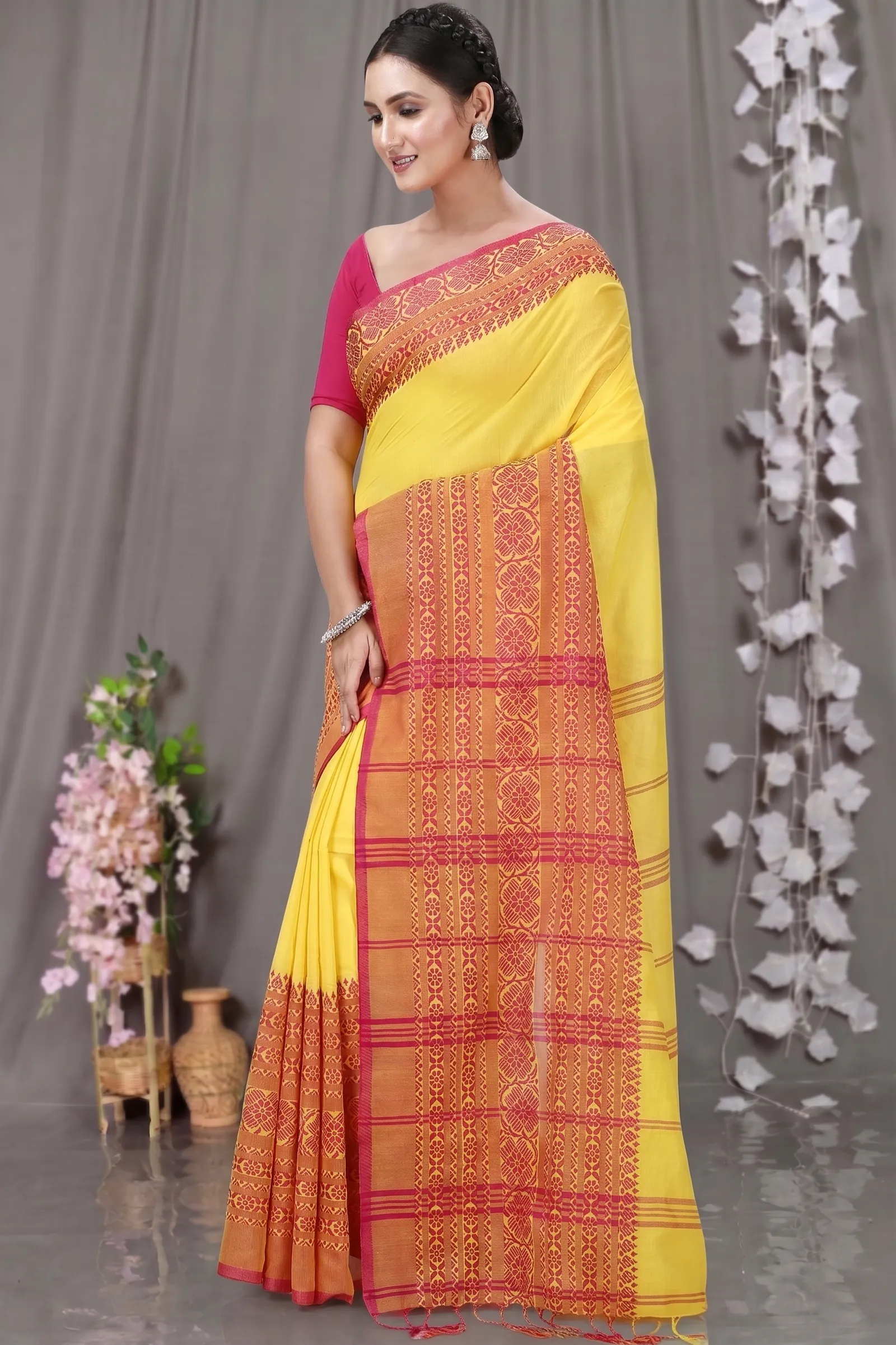 DipDiya Pure Cotton  Artisan Crafted Yellow Red Traditional Bengali Begompuri Hand Handloom Saree
