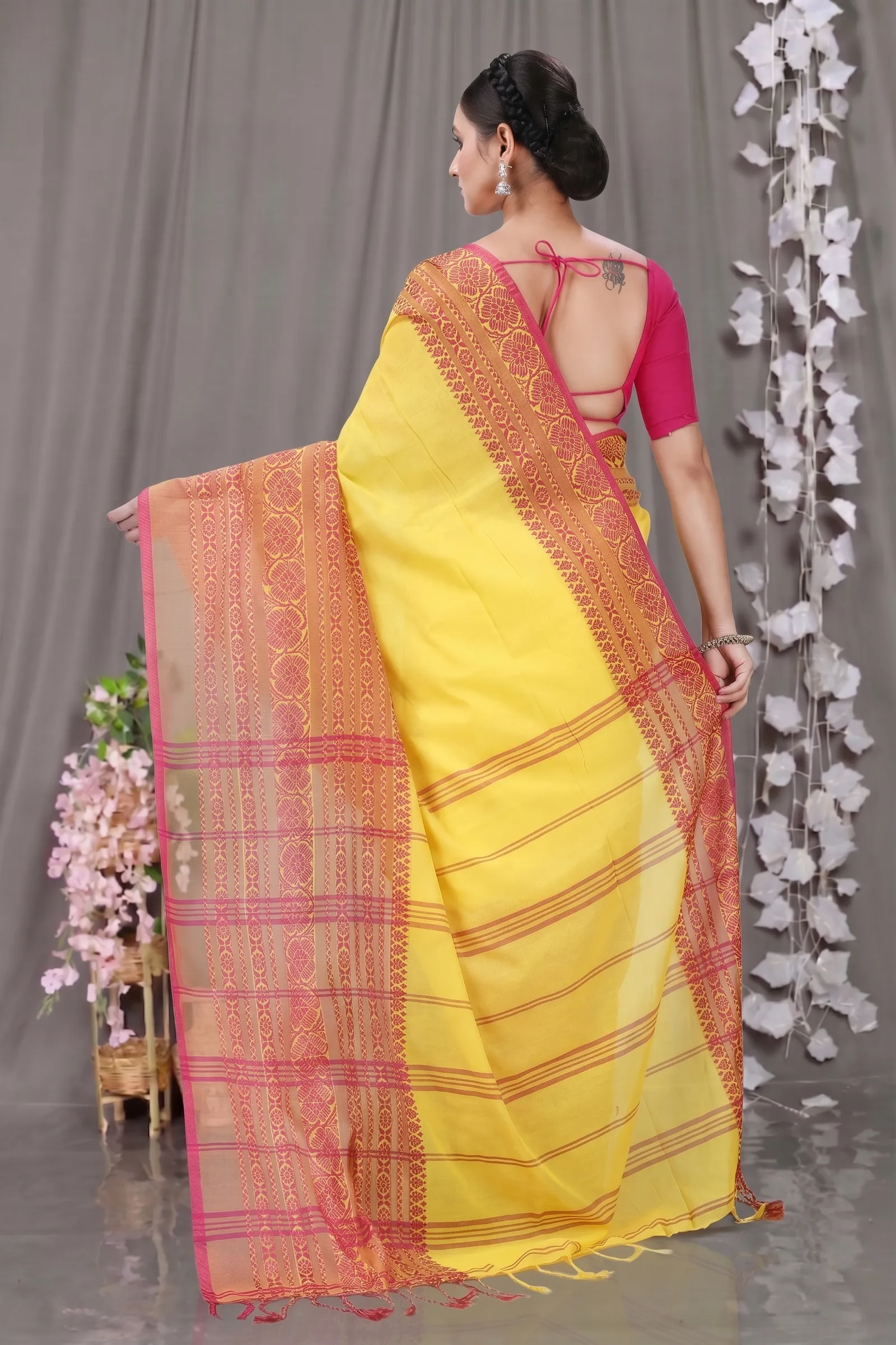 DipDiya Pure Cotton  Artisan Crafted Yellow Red Traditional Bengali Begompuri Hand Handloom Saree