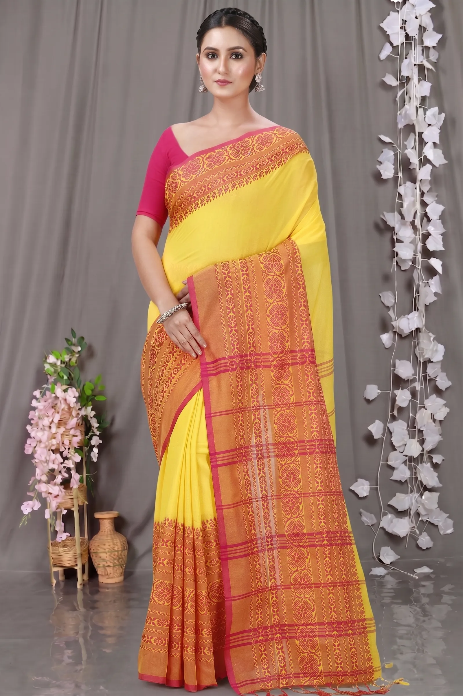 DipDiya Pure Cotton  Artisan Crafted Yellow Red Traditional Bengali Begompuri Hand Handloom Saree