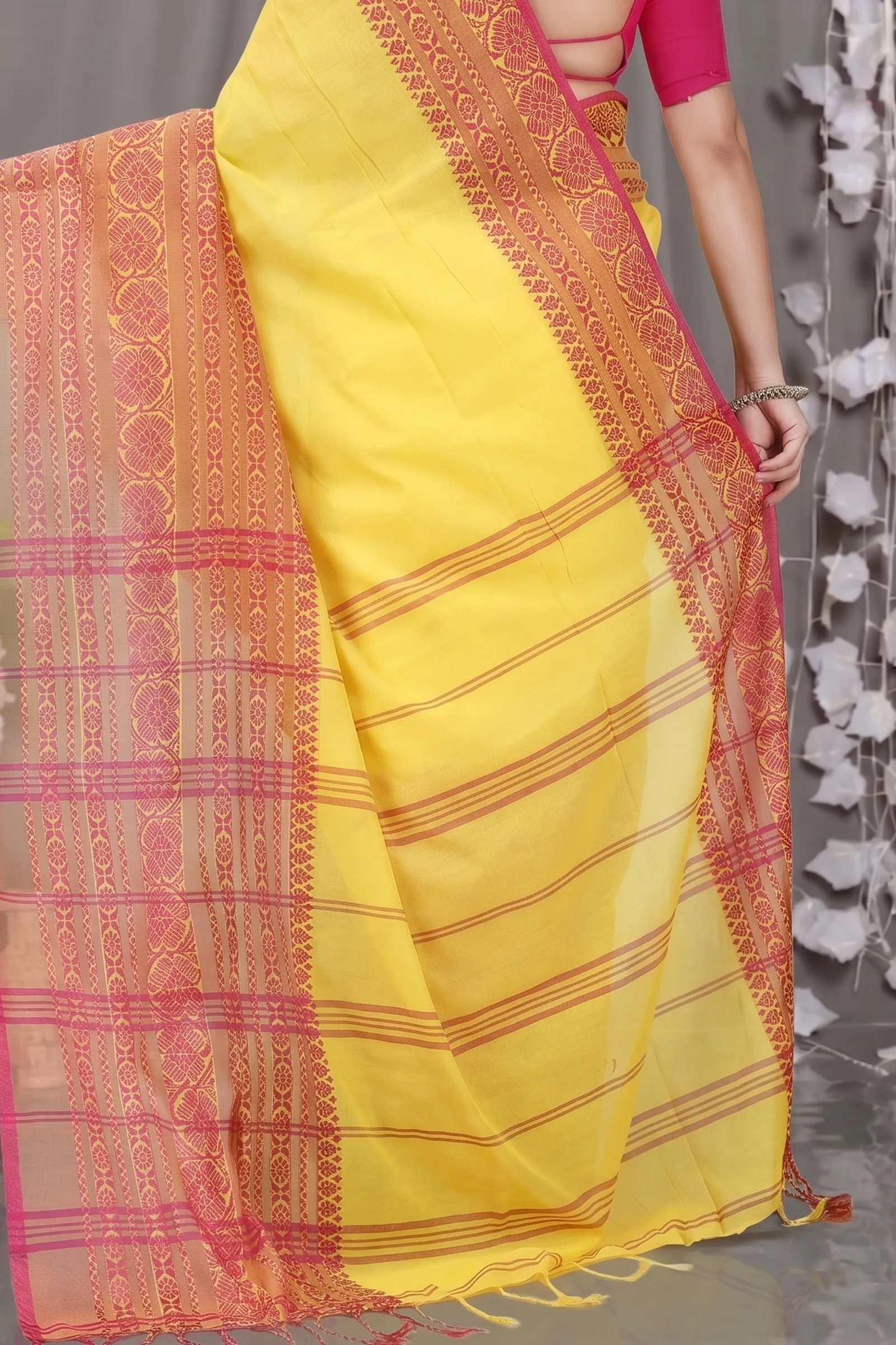 DipDiya Pure Cotton  Artisan Crafted Yellow Red Traditional Bengali Begompuri Hand Handloom Saree