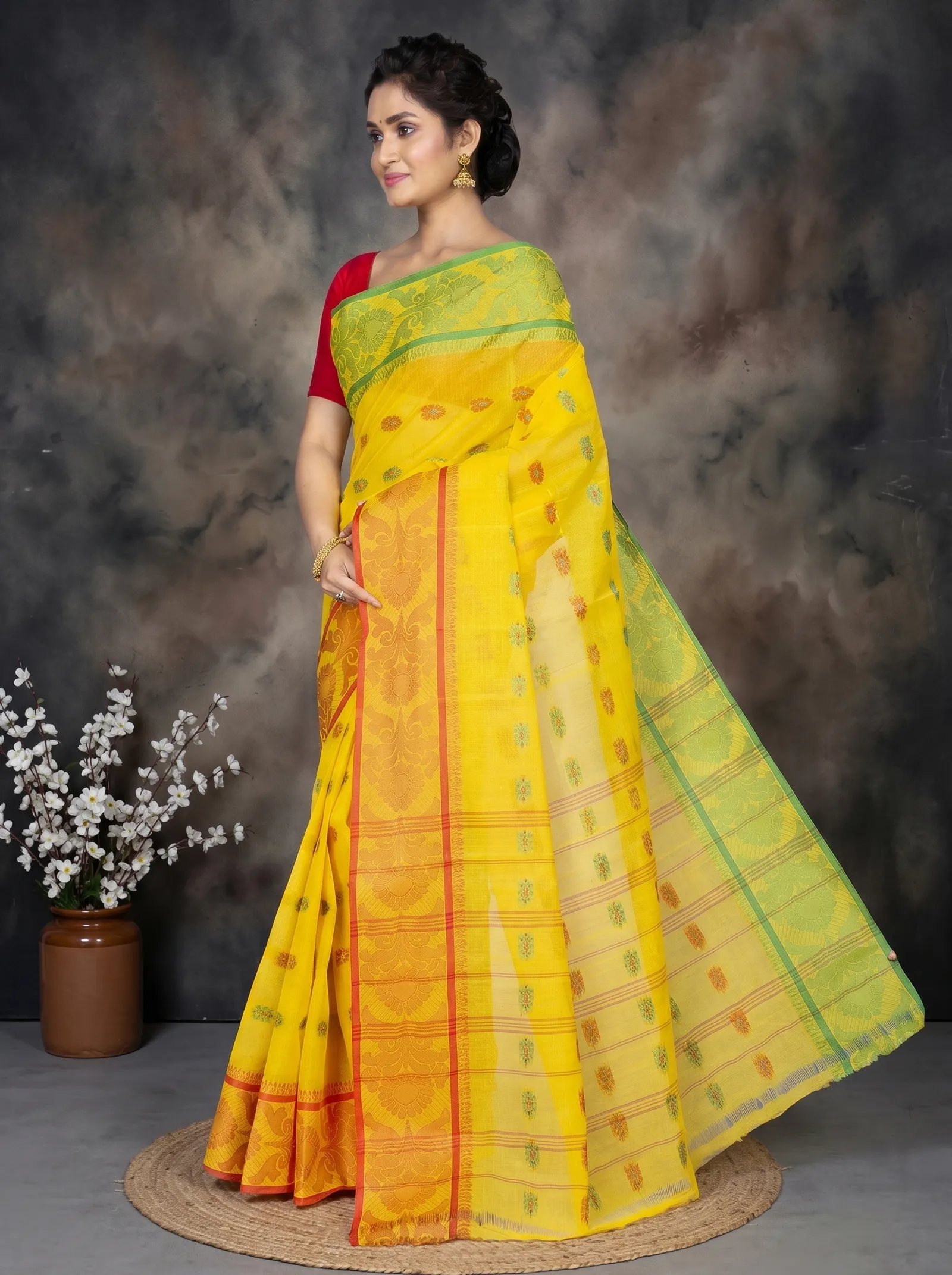 DipDiya Pure Cotton  Artisan Crafted Yellow Traditional Bengali Akriti Tant Saree