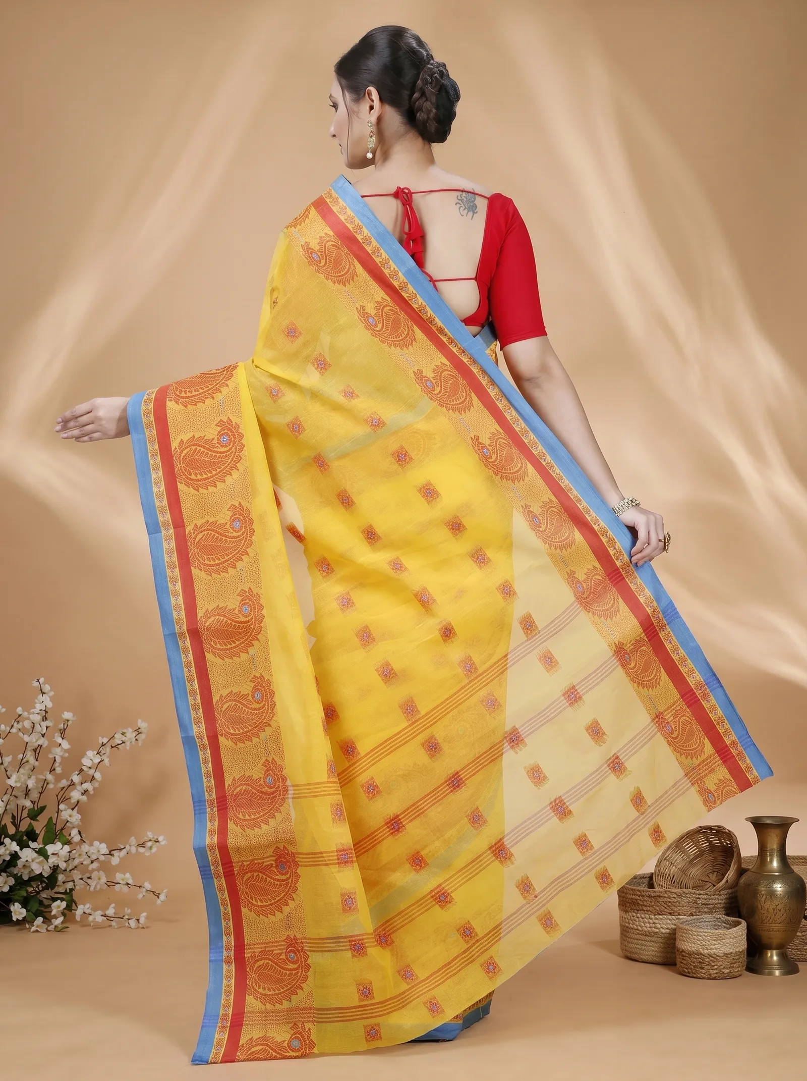 DipDiya Pure Cotton  Artisan Crafted Yellow Traditional Bengali Aloka Tant Saree