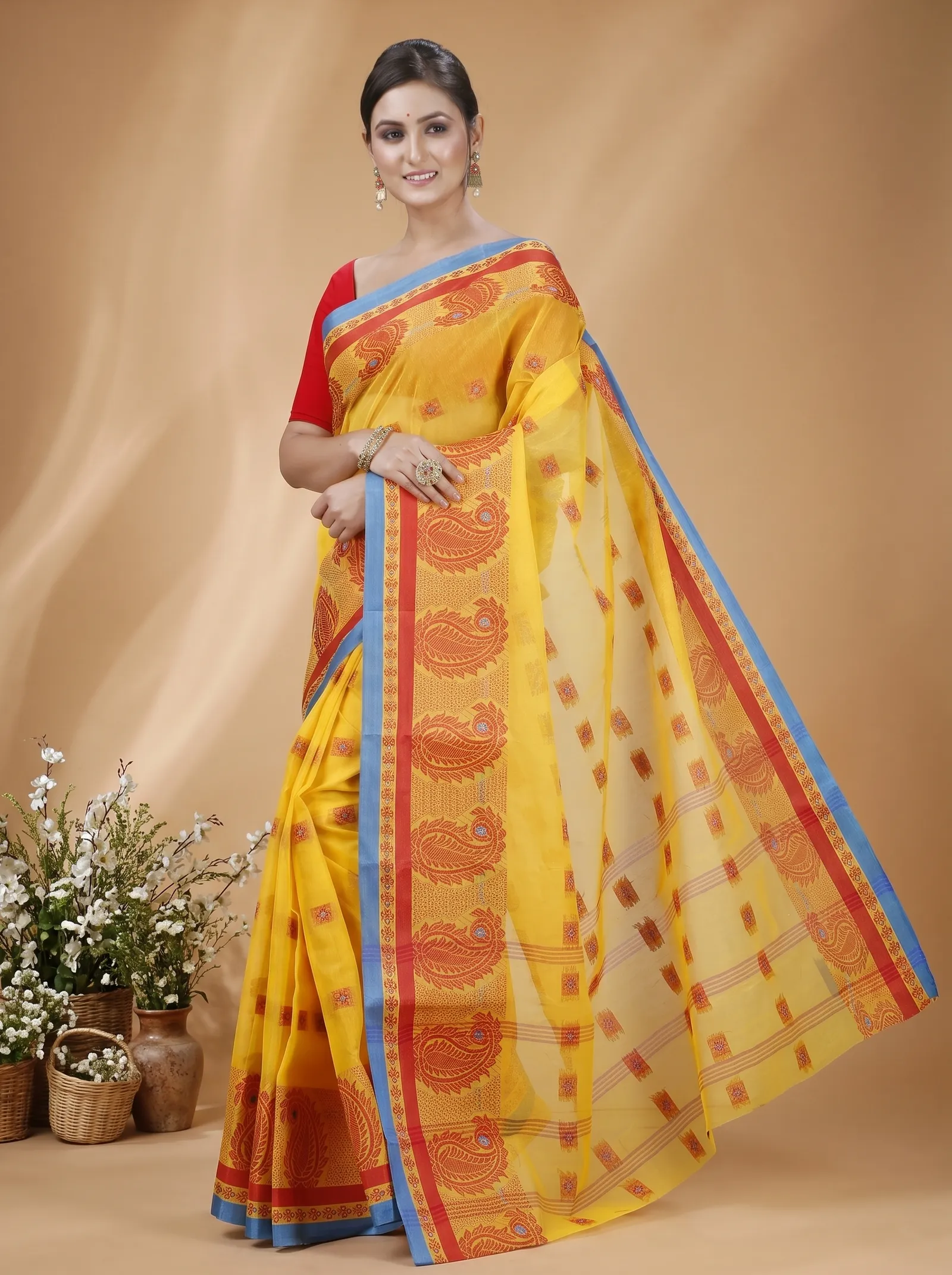 DipDiya Pure Cotton  Artisan Crafted Yellow Traditional Bengali Aloka Tant Saree