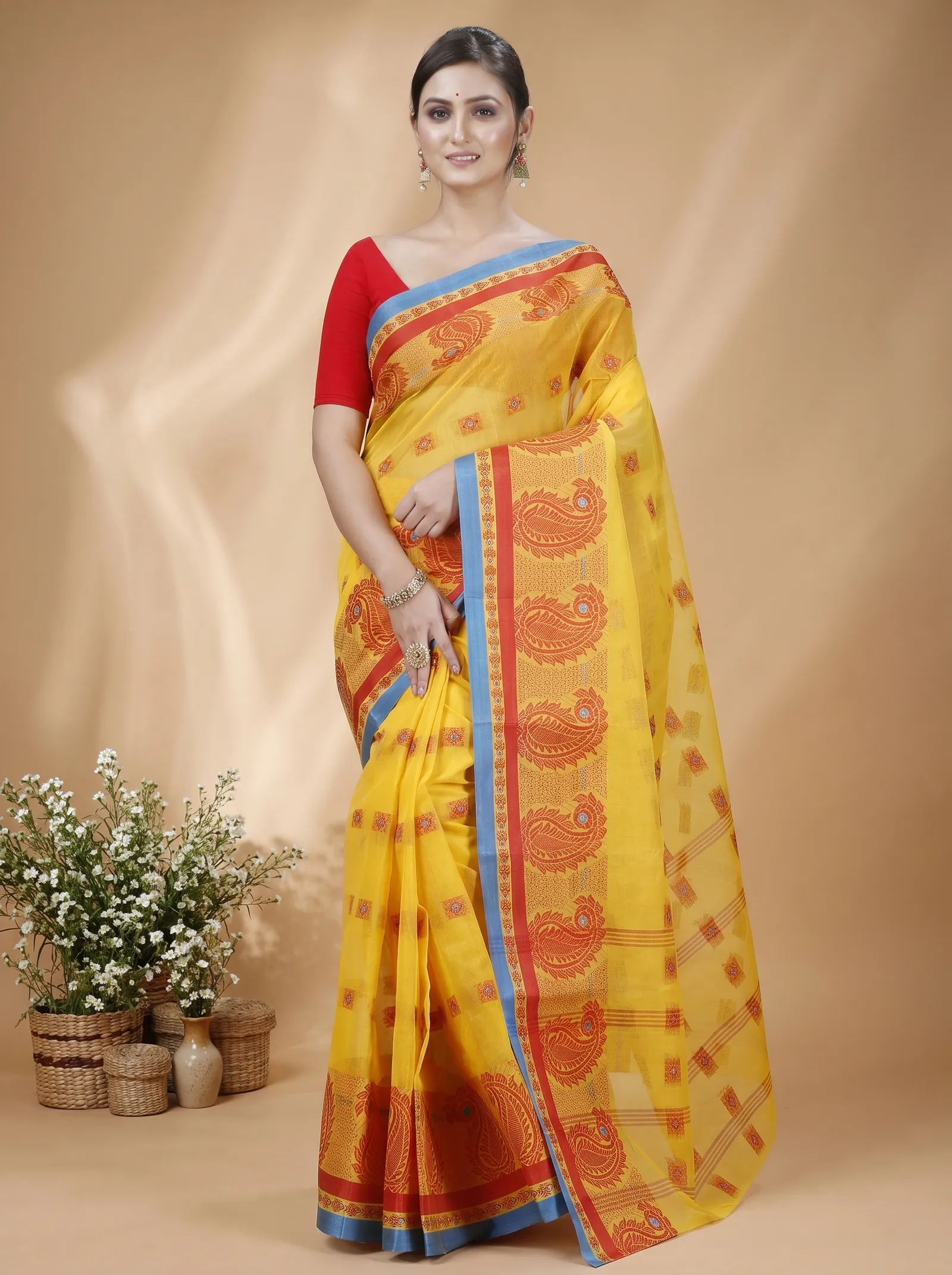 DipDiya Pure Cotton  Artisan Crafted Yellow Traditional Bengali Aloka Tant Saree